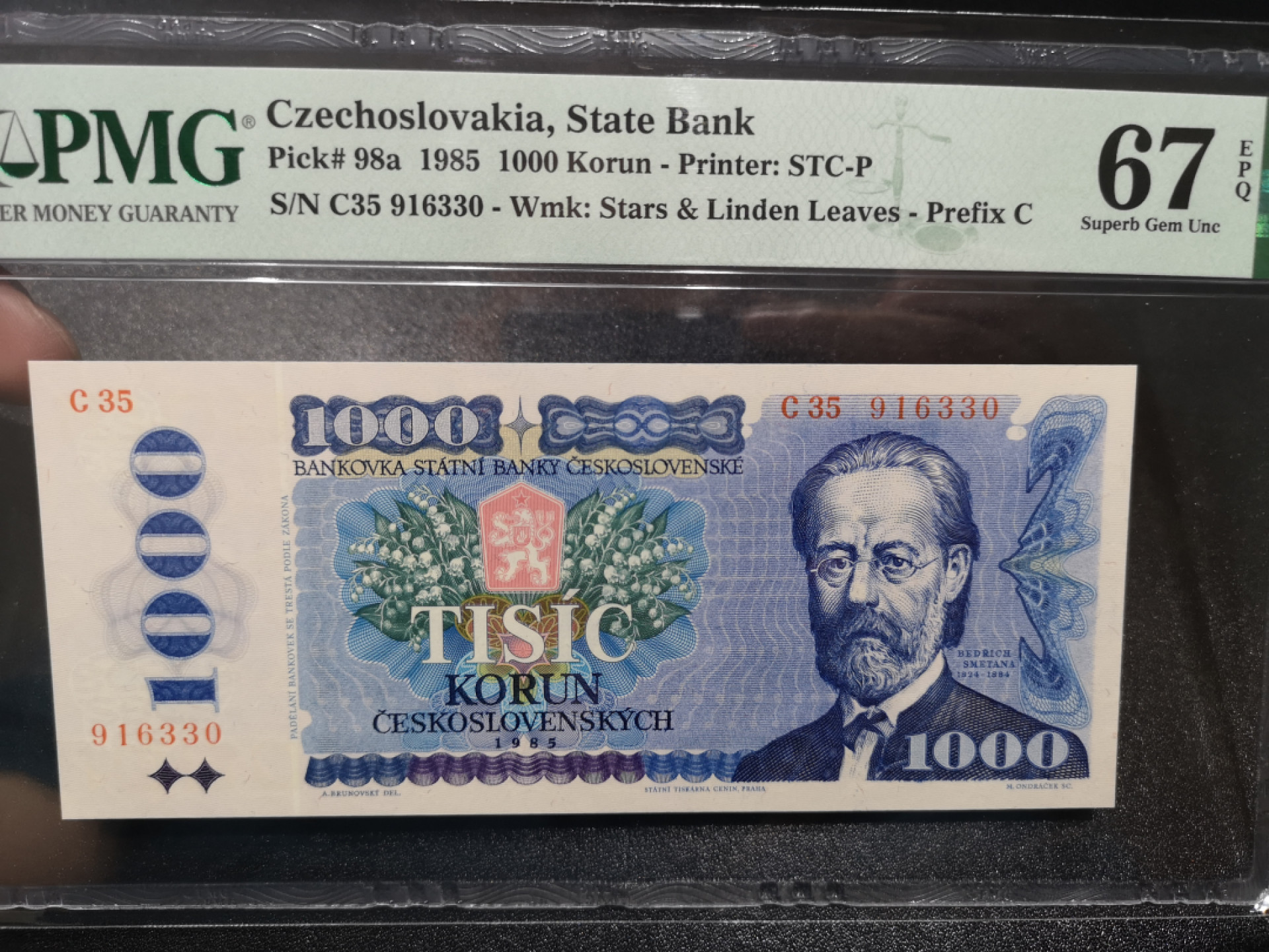 《外钞收藏家》金九银十双拍10号场（总134期）（本期90件） 1985年捷克斯洛伐克 1000克朗 无47 PMG67