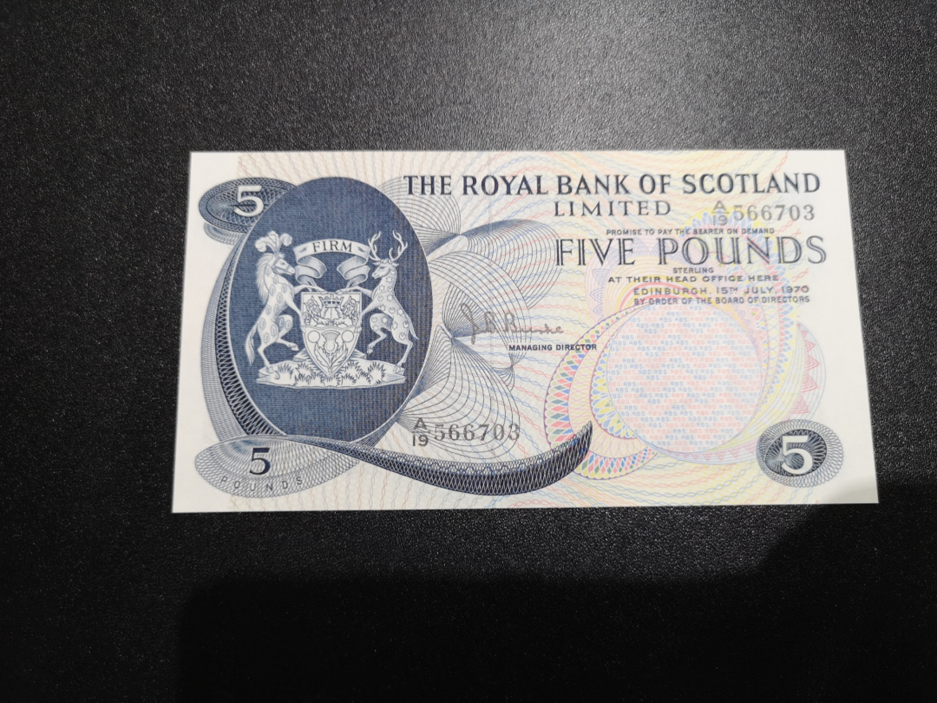 《外钞收藏家》金九银十双拍10号场（总134期）（本期90件） 1970年苏格兰皇家银行 5镑 全新UNC BWC经典作品