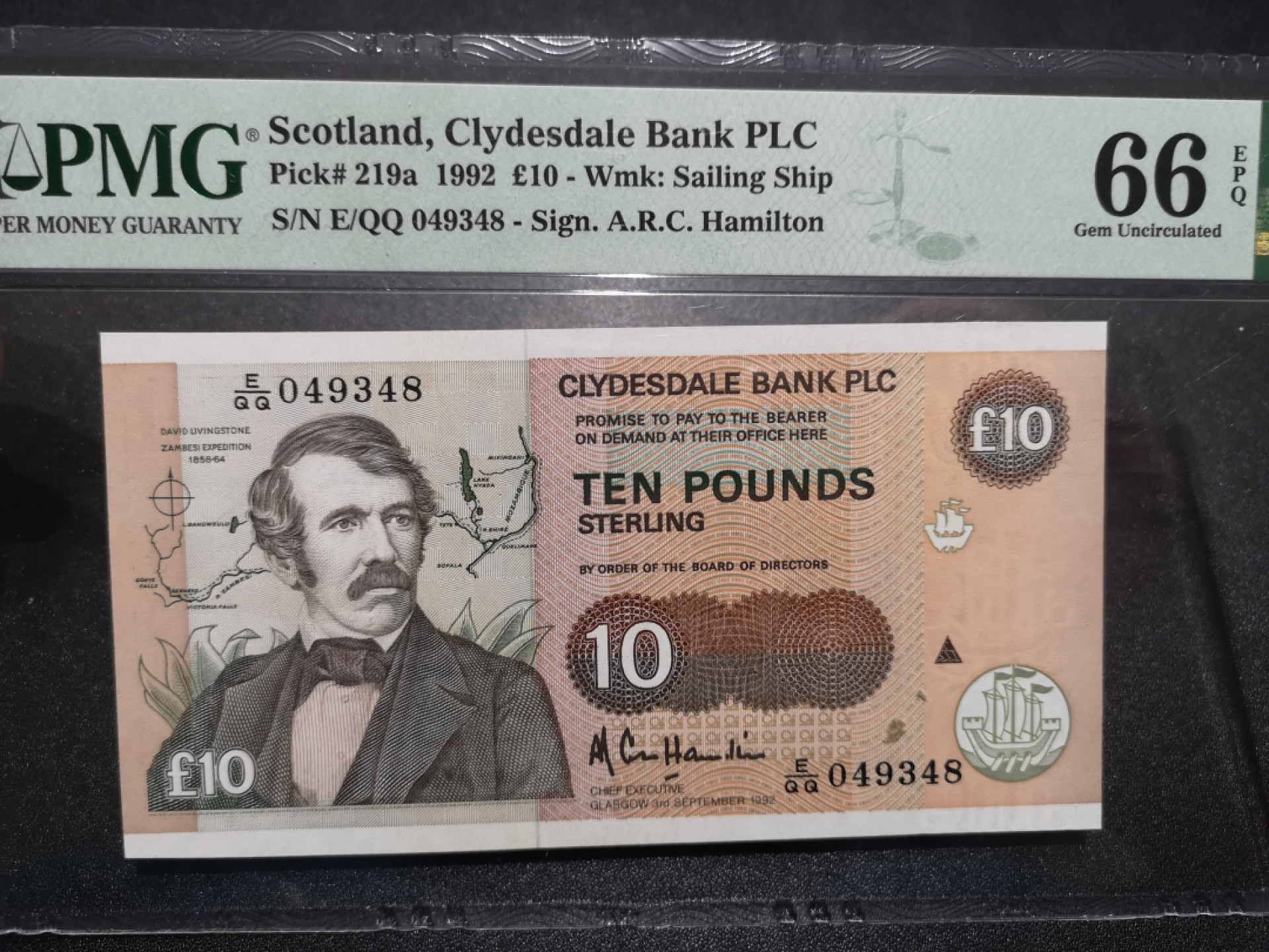 《外钞收藏家》金九银十双拍10号场（总134期）（本期90件） 1992年苏格兰克莱斯戴尔银行 10镑 尾8  PMG66