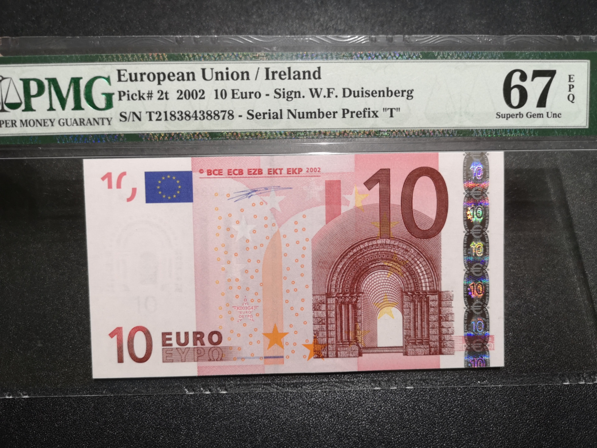 《外钞收藏家》金九银十双拍10号场（总134期）（本期90件） 2002年一签10欧元 PMG67 尾8 爱尔兰