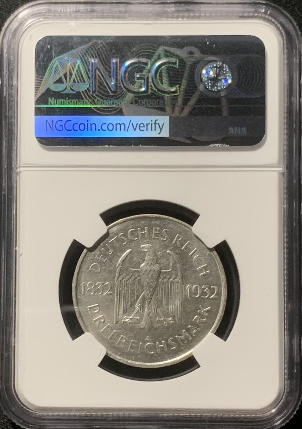 紫瑗钱币——第244期拍卖 魏玛德国 1932年  A版 高斯 3马克 银币 NGC AU Detail