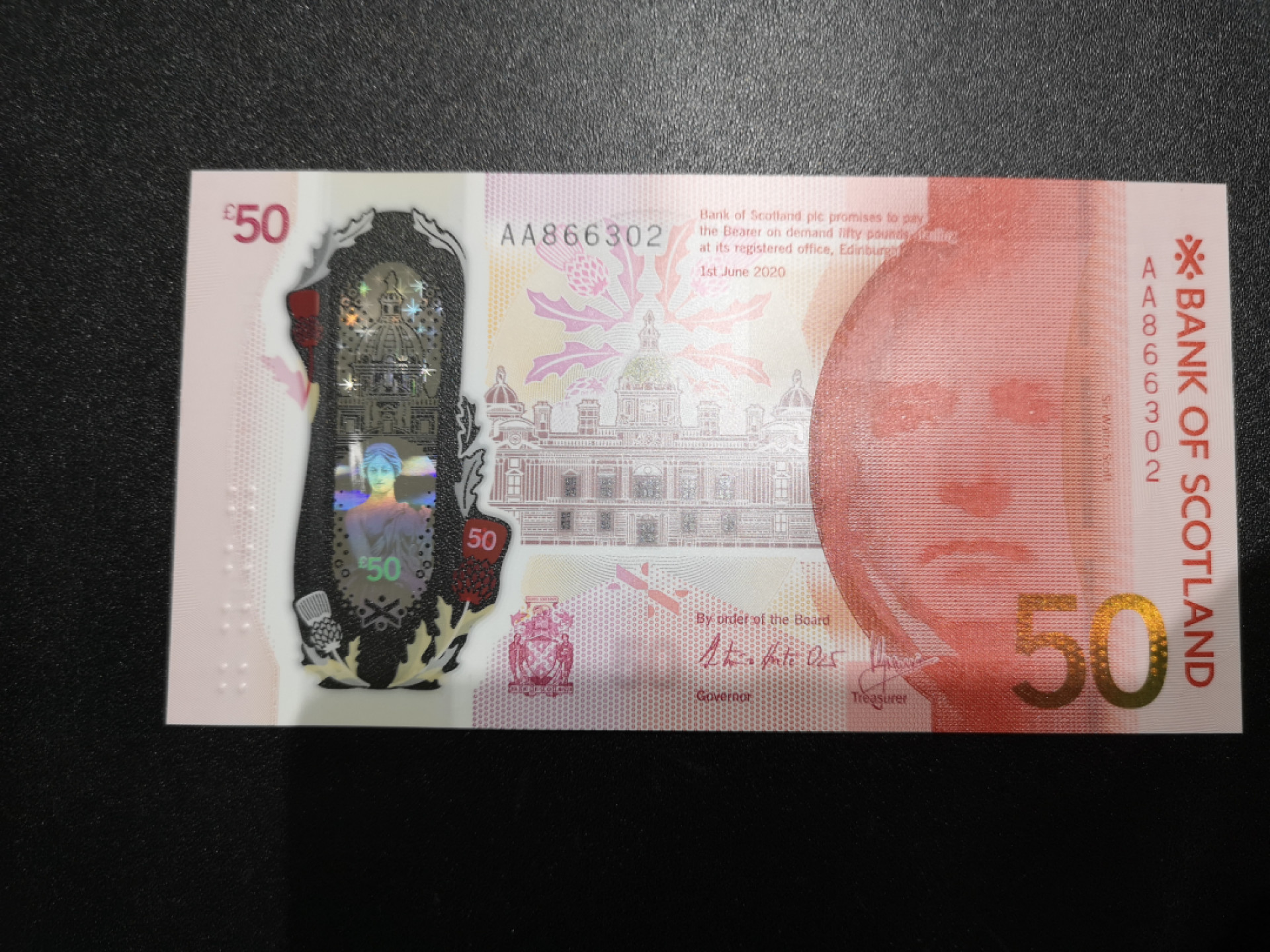 《外钞收藏家》金九银十双拍10号场（总134期）（本期90件） 2020年苏格兰最新版塑料钞 50镑 全新UNC 品相绝 无瑕疵 AA冠 无47