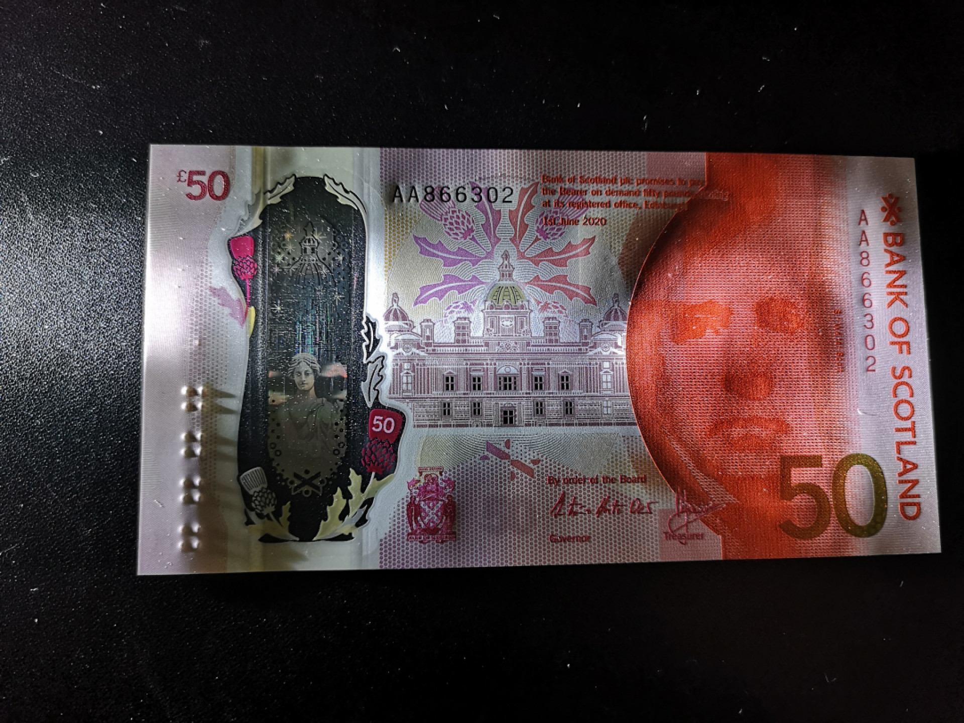 《外钞收藏家》金九银十双拍10号场（总134期）（本期90件） 2020年苏格兰最新版塑料钞 50镑 全新UNC 品相绝 无瑕疵 AA冠 无47