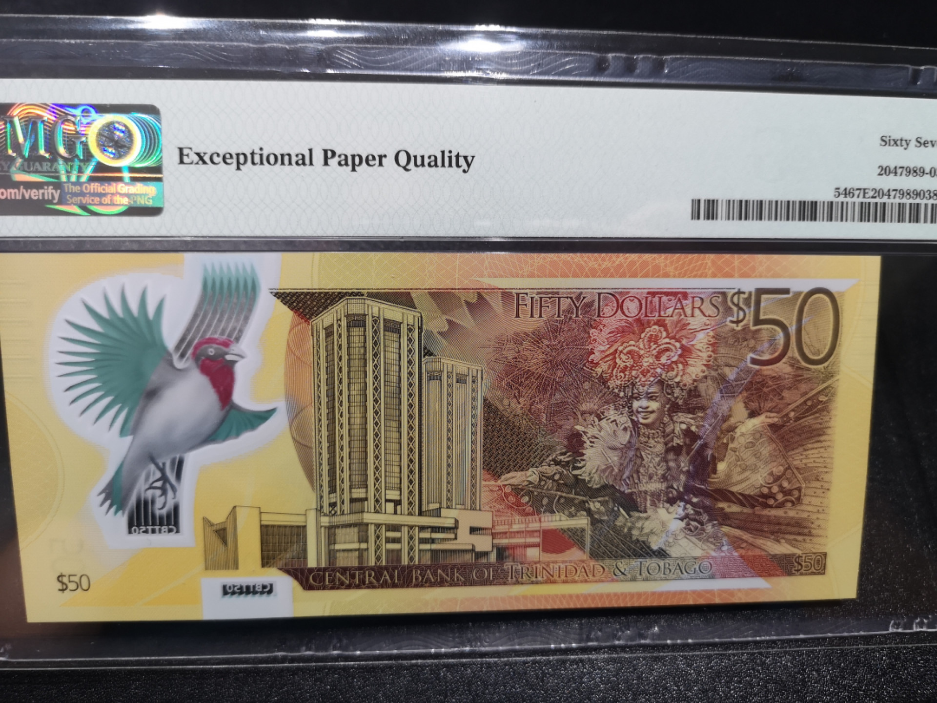《外钞收藏家》金九银十双拍10号场（总134期）（本期90件） 2014年特立尼达和多巴哥 50第纳尔 尾8 PMG67 纪念钞