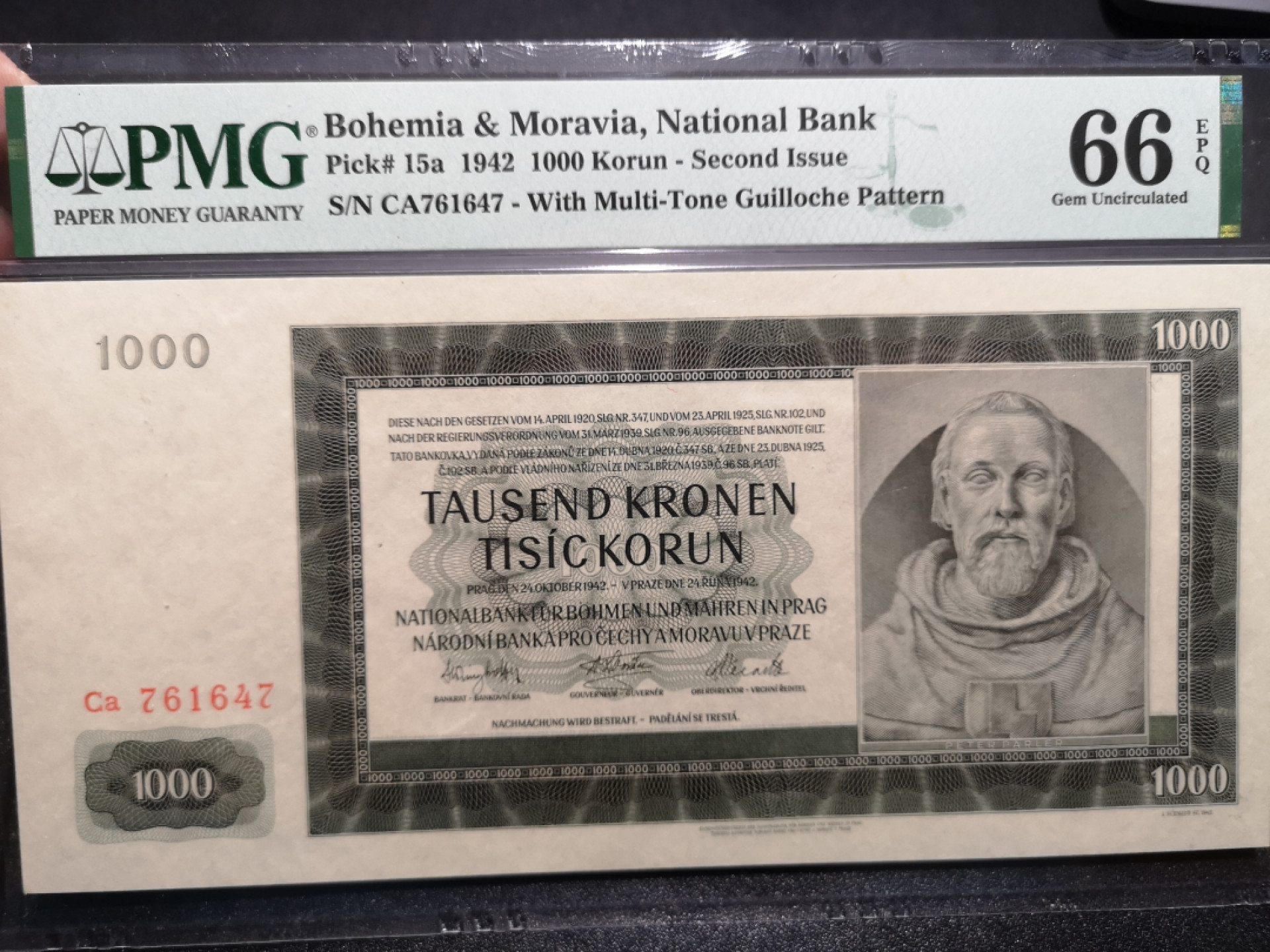 《外钞收藏家》金九银十双拍10号场（总134期）（本期90件） 1942年波西米亚和马拉维亚 1000克朗 PMG66 