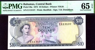 【Blue Auction】世界纸币精拍第129期——大珍伊德里斯一世（共120拍） - 巴哈马 经典彩背 火烈鸟 女王纸币 1974年10元 p38a PMG65EPQ绝品