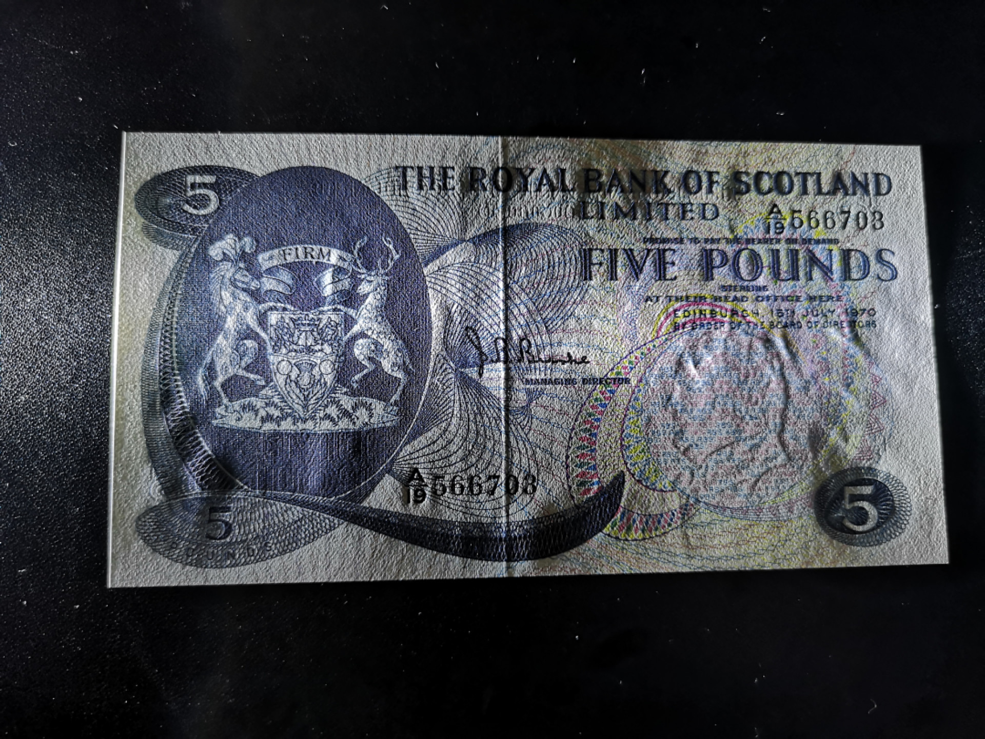 《外钞收藏家》金九银十双拍10号场（总134期）（本期90件） 1970年苏格兰皇家银行 5镑 全新UNC BWC经典作品