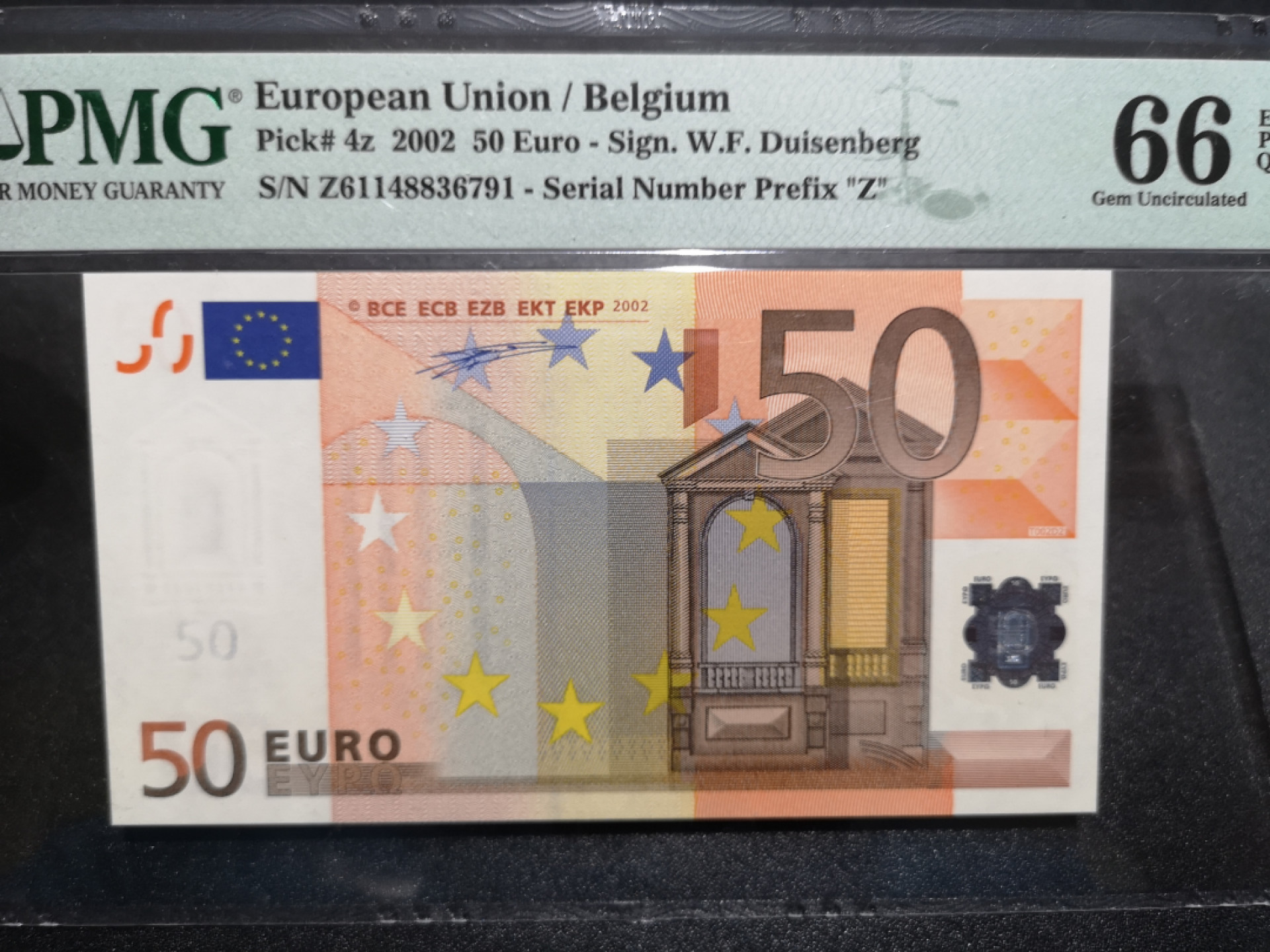 《外钞收藏家》金九银十双拍10号场（总134期）（本期90件） 2002年一签50欧元 PMG66 比利时