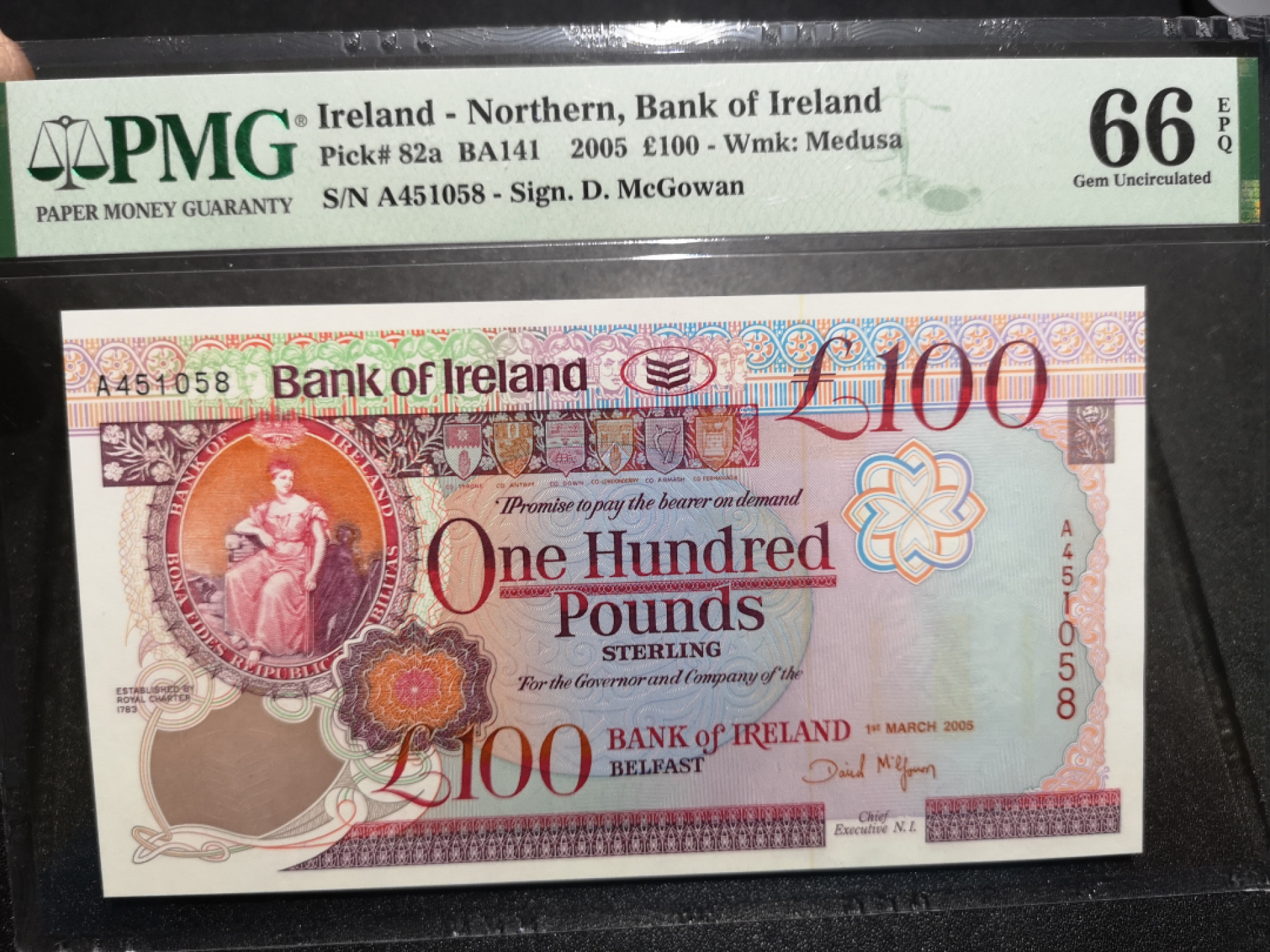 《外钞收藏家》金九银十双拍10号场（总134期）（本期90件） 2005年北爱尔兰100镑 PMG66 A冠 尾8