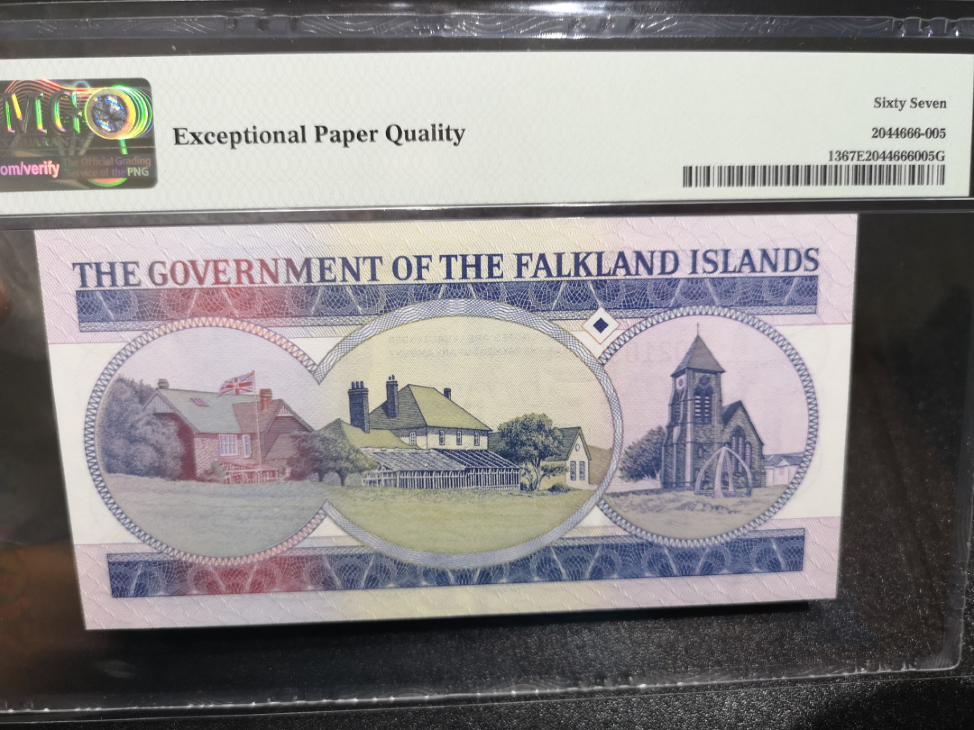 《外钞收藏家》金九银十双拍10号场（总134期）（本期90件） 1984年福克兰群岛 1镑 A0冠 无47 PMG67