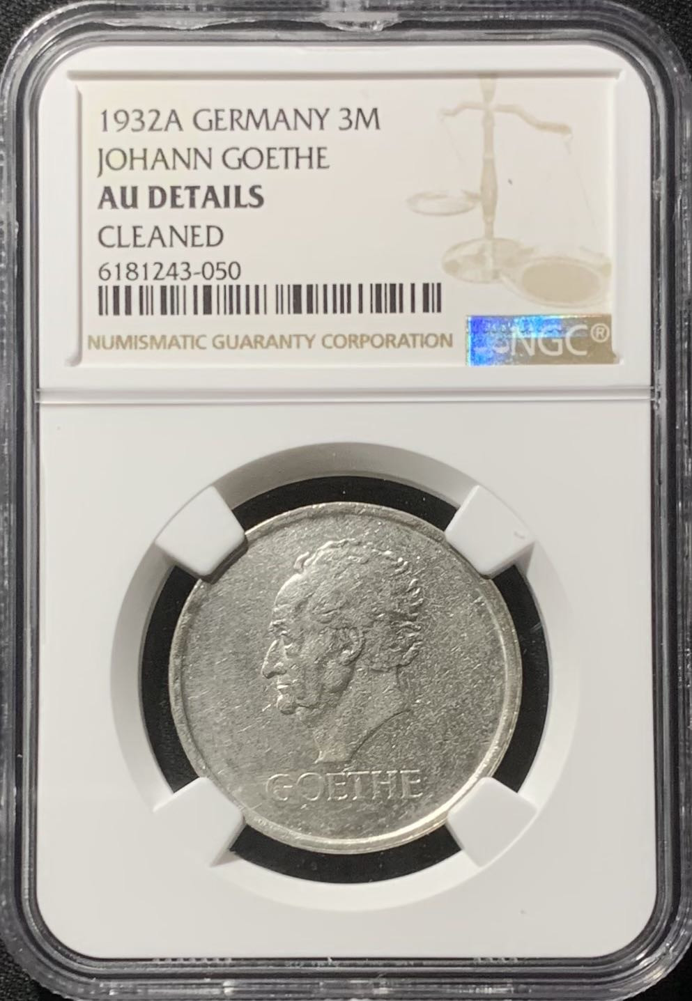 紫瑗钱币——第244期拍卖 魏玛德国 1932年  A版 高斯 3马克 银币 NGC AU Detail