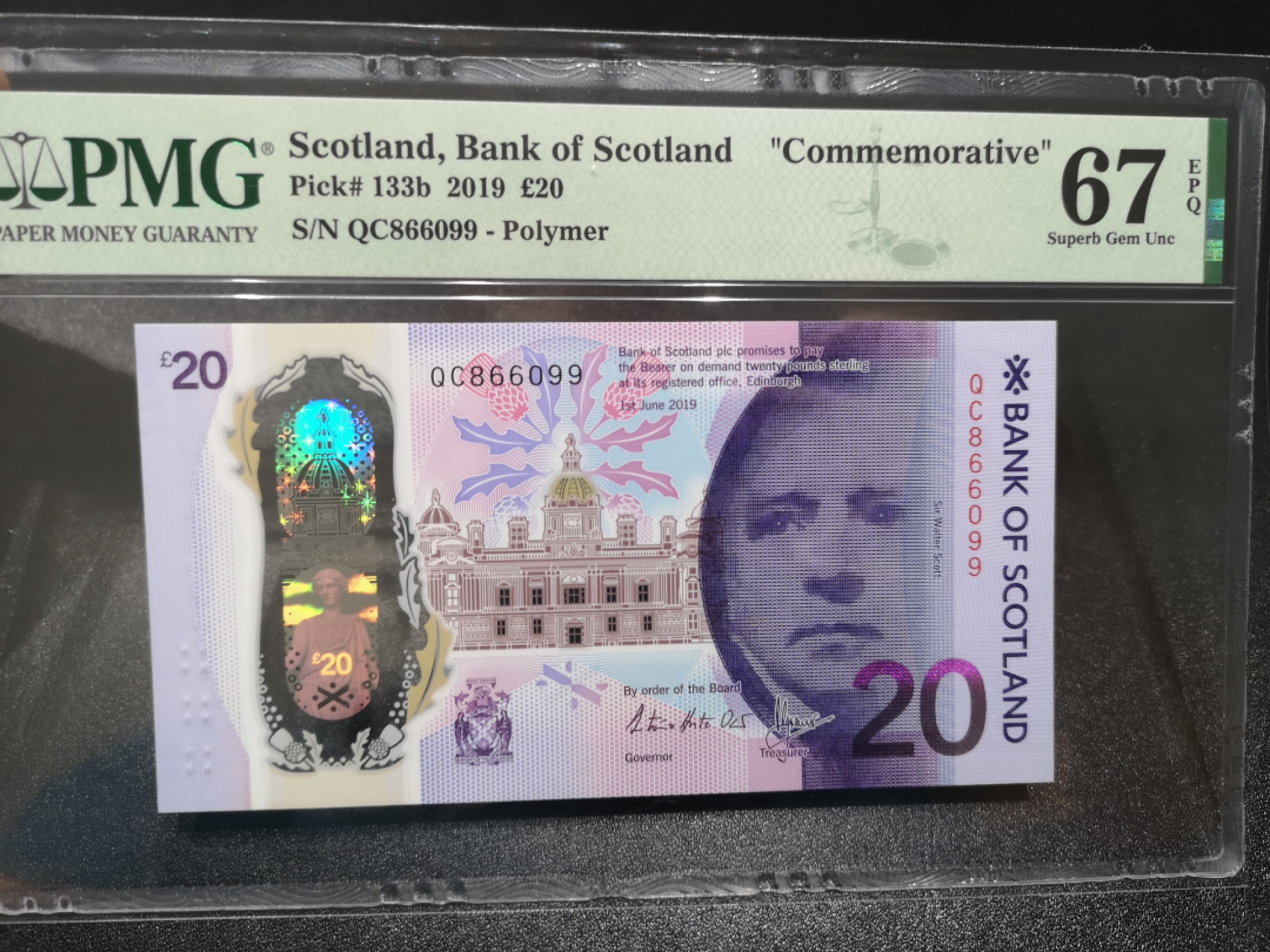 《外钞收藏家》金九银十双拍10号场（总134期）（本期90件） 2019年苏格兰20镑 无47 尾99靓号 PMG67 纪念钞版
