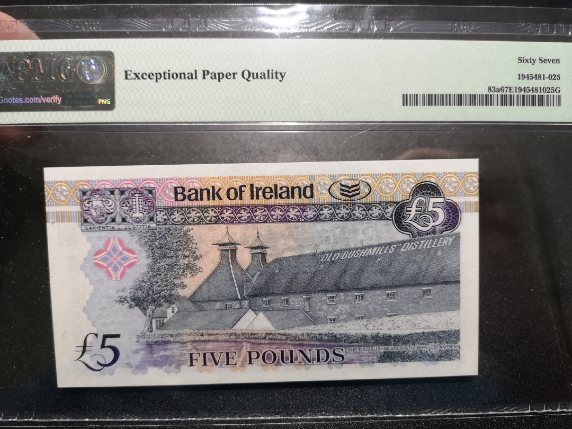 《外钞收藏家》金九银十双拍10号场（总134期）（本期90件） 2008年北爱尔兰5镑 PMG67 超小号6号 有标注