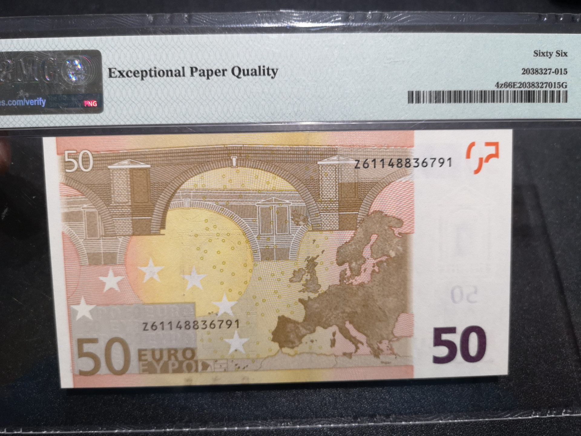 《外钞收藏家》金九银十双拍10号场（总134期）（本期90件） 2002年一签50欧元 PMG66 比利时