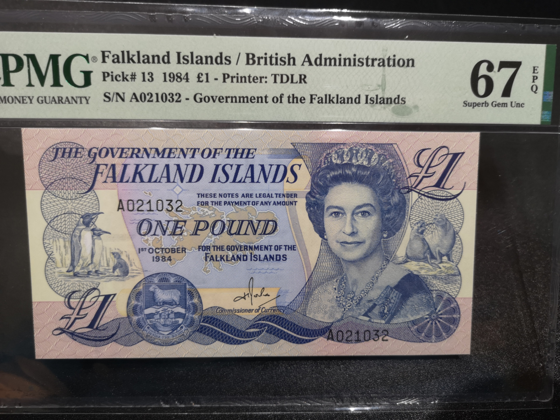 《外钞收藏家》金九银十双拍10号场（总134期）（本期90件） 1984年福克兰群岛 1镑 A0冠 无47 PMG67