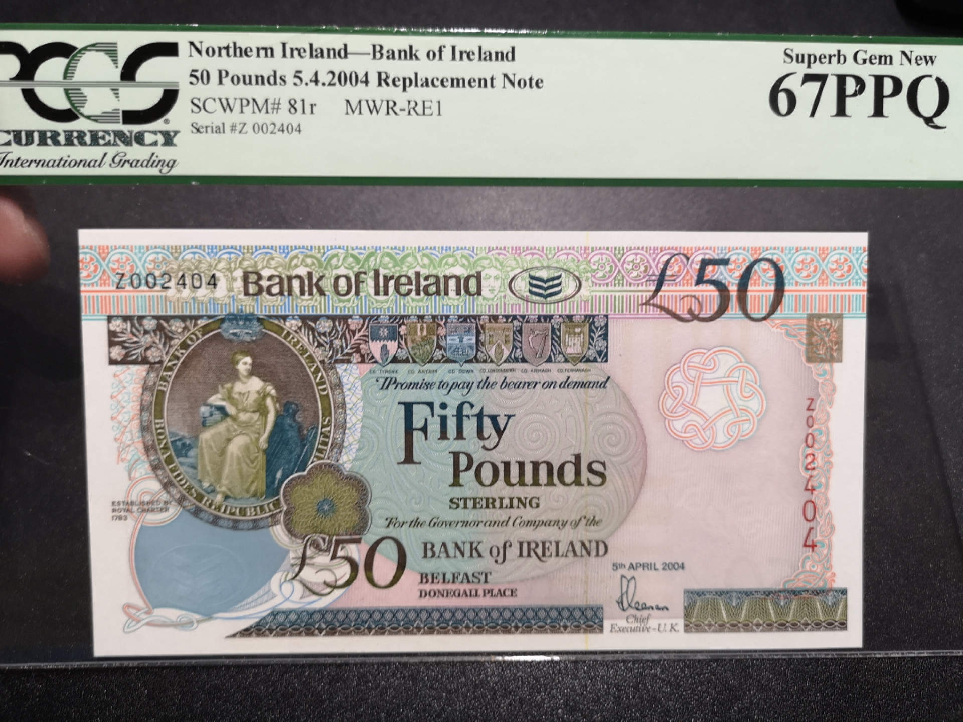《外钞收藏家》金九银十双拍10号场（总134期）（本期90件） 2004年北爱尔兰50镑 PCGS绿标67分 千位号