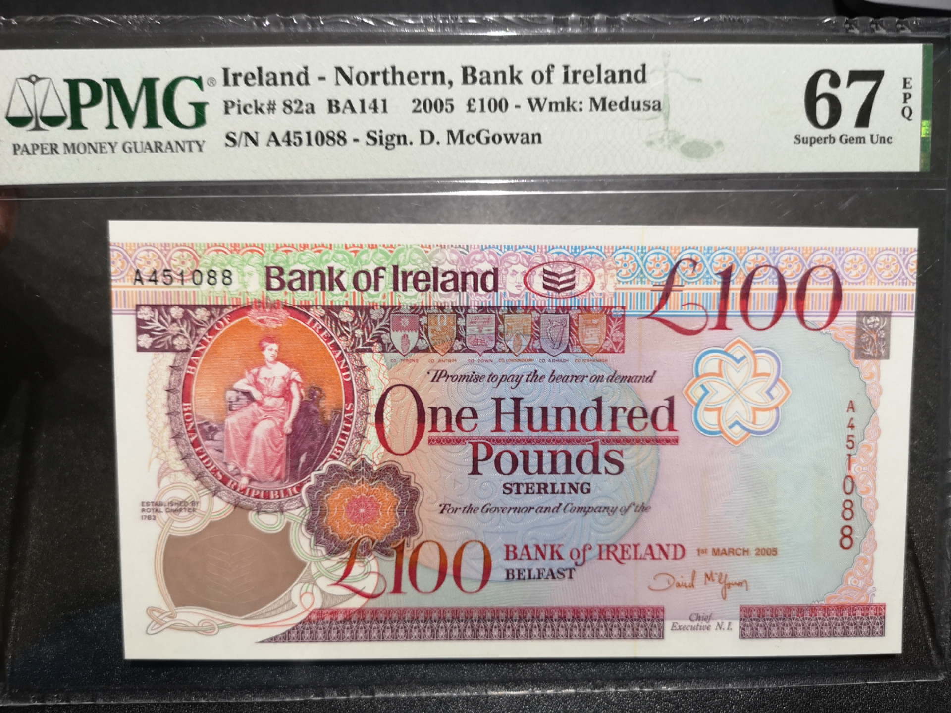 《外钞收藏家》金九银十双拍10号场（总134期）（本期90件） 2005年北爱尔兰100镑 PMG67 A冠 尾88