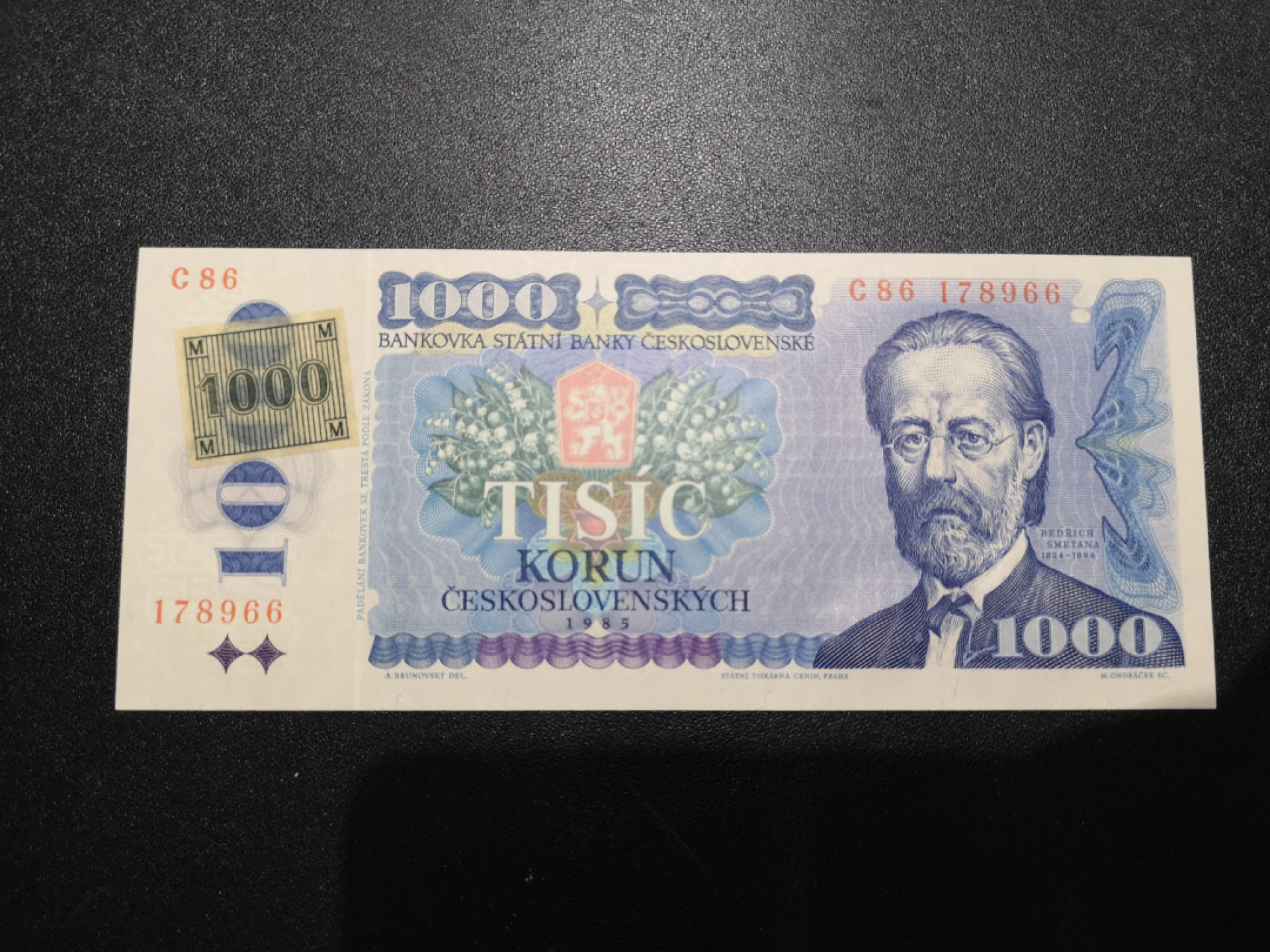 《外钞收藏家》金九银十双拍10号场（总134期）（本期90件） 1985年捷克斯洛伐克1000克朗 全新UNC 有加盖