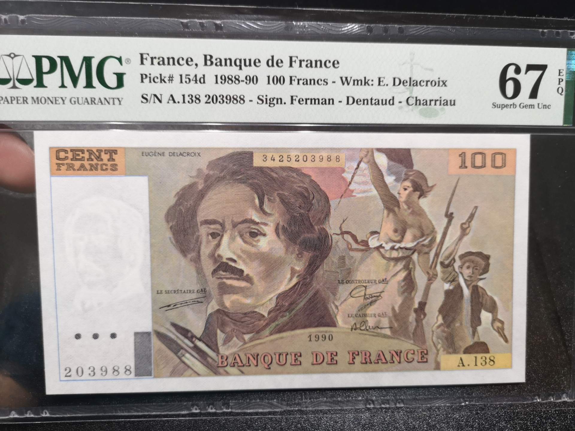 《外钞收藏家》金九银十双拍10号场（总134期）（本期90件） 1990法国100法郎 无47 尾88靓号 PMG67 