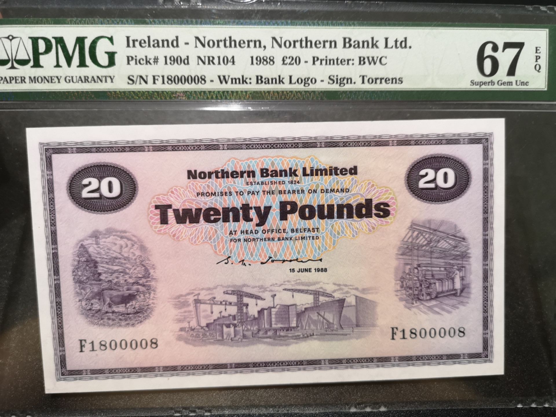 《外钞收藏家》第一百三十五期 1988年北爱尔兰 北方银行 20镑  号码1800008 非常好 PMG67 BWC印钞
