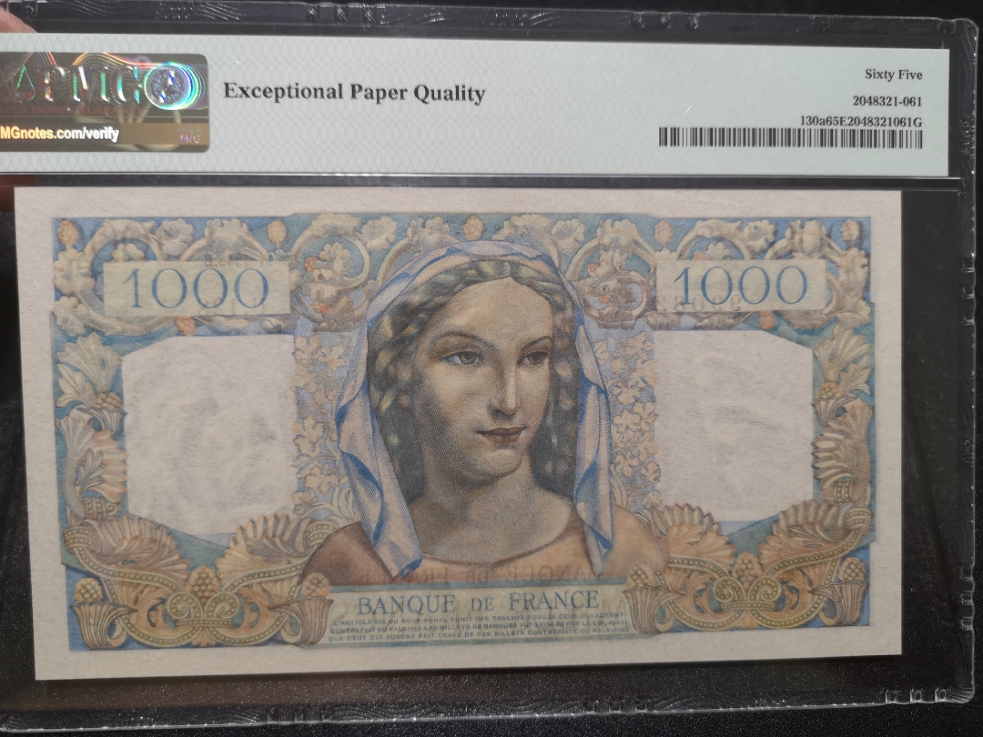 《外钞收藏家》第一百三十五期 1945年法国1000法郎 精美大票幅 PMG65 无47