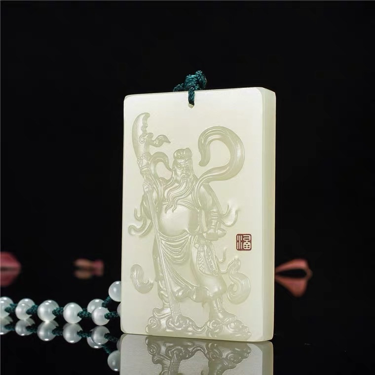 精品和田玉石专拍场 和田白玉关公吊坠武财神玉牌