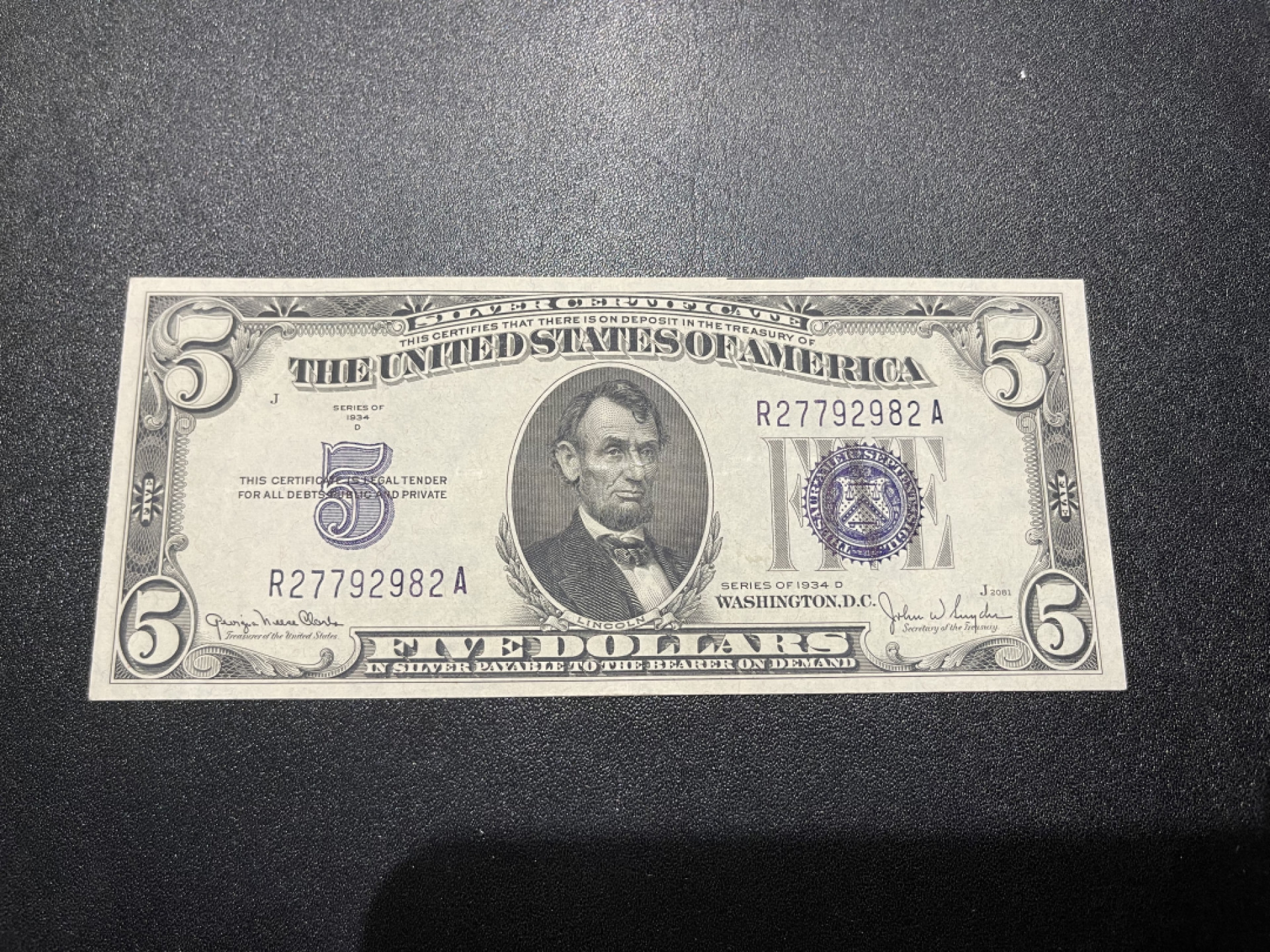 《外钞收藏家》金九银十双拍10号场（总134期）（本期90件） 1934年 蓝库印5美元 全新