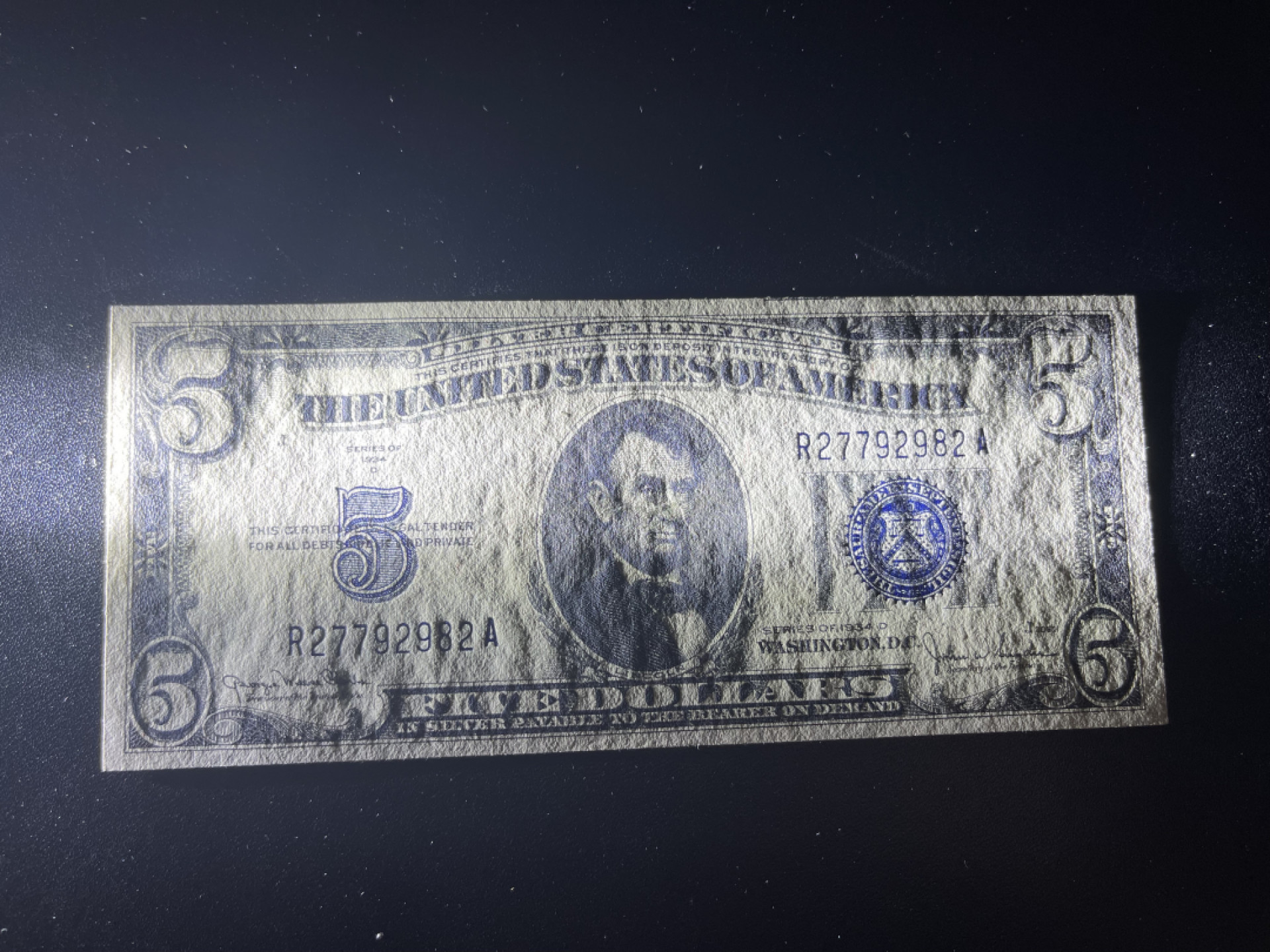 《外钞收藏家》金九银十双拍10号场（总134期）（本期90件） 1934年 蓝库印5美元 全新