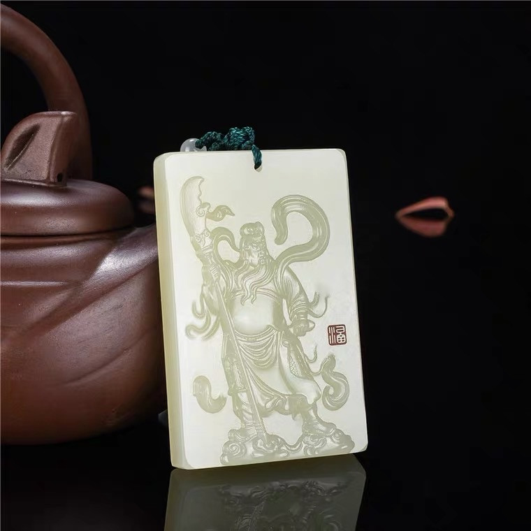 精品和田玉石专拍场 和田白玉关公吊坠武财神玉牌