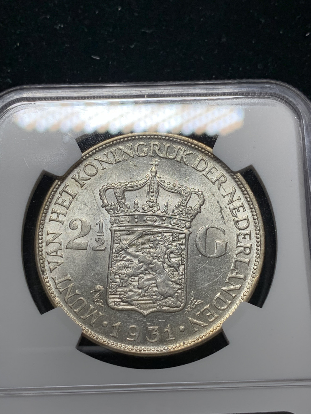 《竞宝斋》钱币微拍-第9场（不限金额顺丰包邮） NGC-AU55 荷兰 1931年 威廉米娜女王 2.5盾 大银币 原光好品 低评