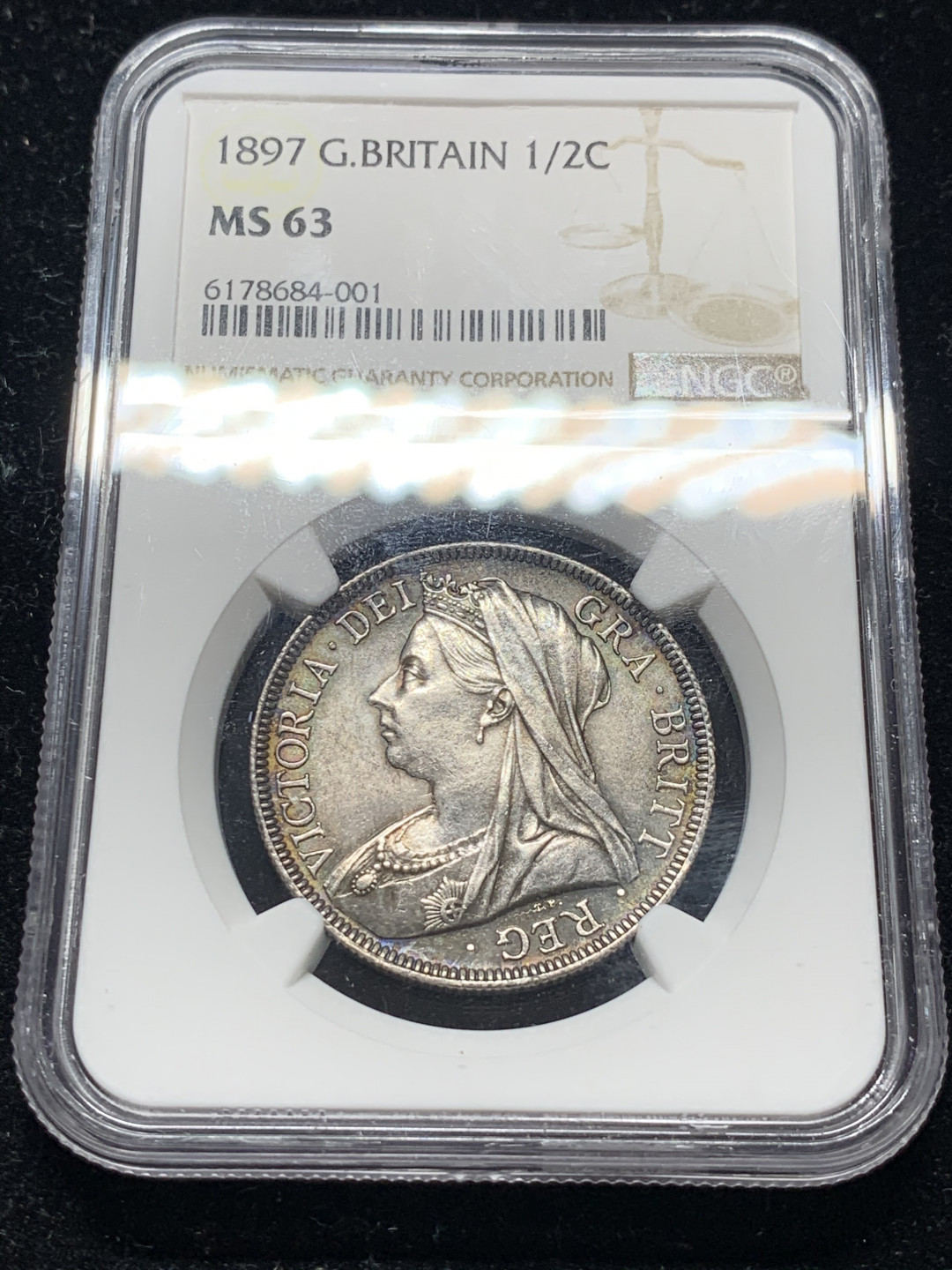《竞宝斋》钱币微拍-第9场（不限金额顺丰包邮） NGC-MS63 英国1897年维多利亚半克朗 NGC编号：6178684-001 双面带彩 底板极好 低评