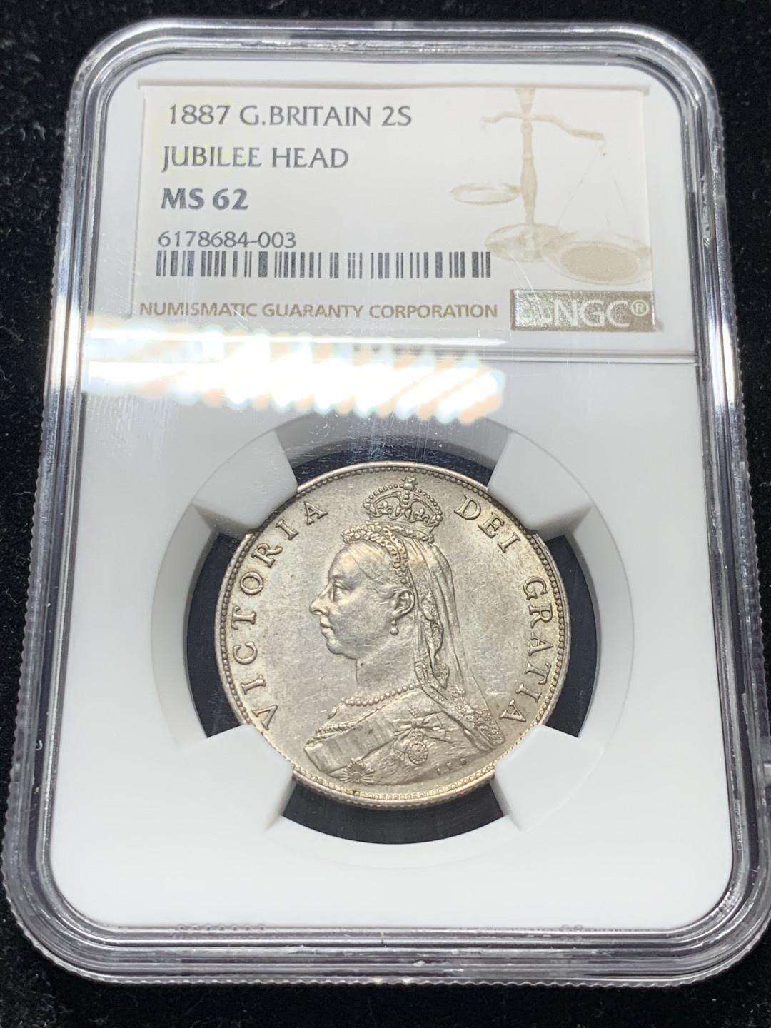 《竞宝斋》钱币微拍-第9场（不限金额顺丰包邮） NGC-MS62 英国1887维多利亚弗罗林 NGC编号：6178684-003