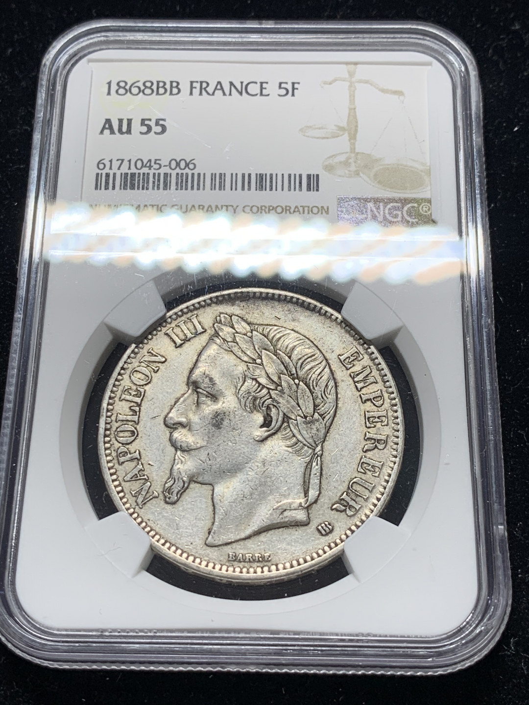 《竞宝斋》钱币微拍-第9场（不限金额顺丰包邮） NGC-AU55 法国 1868-BB年 5法郎 大银币 原味