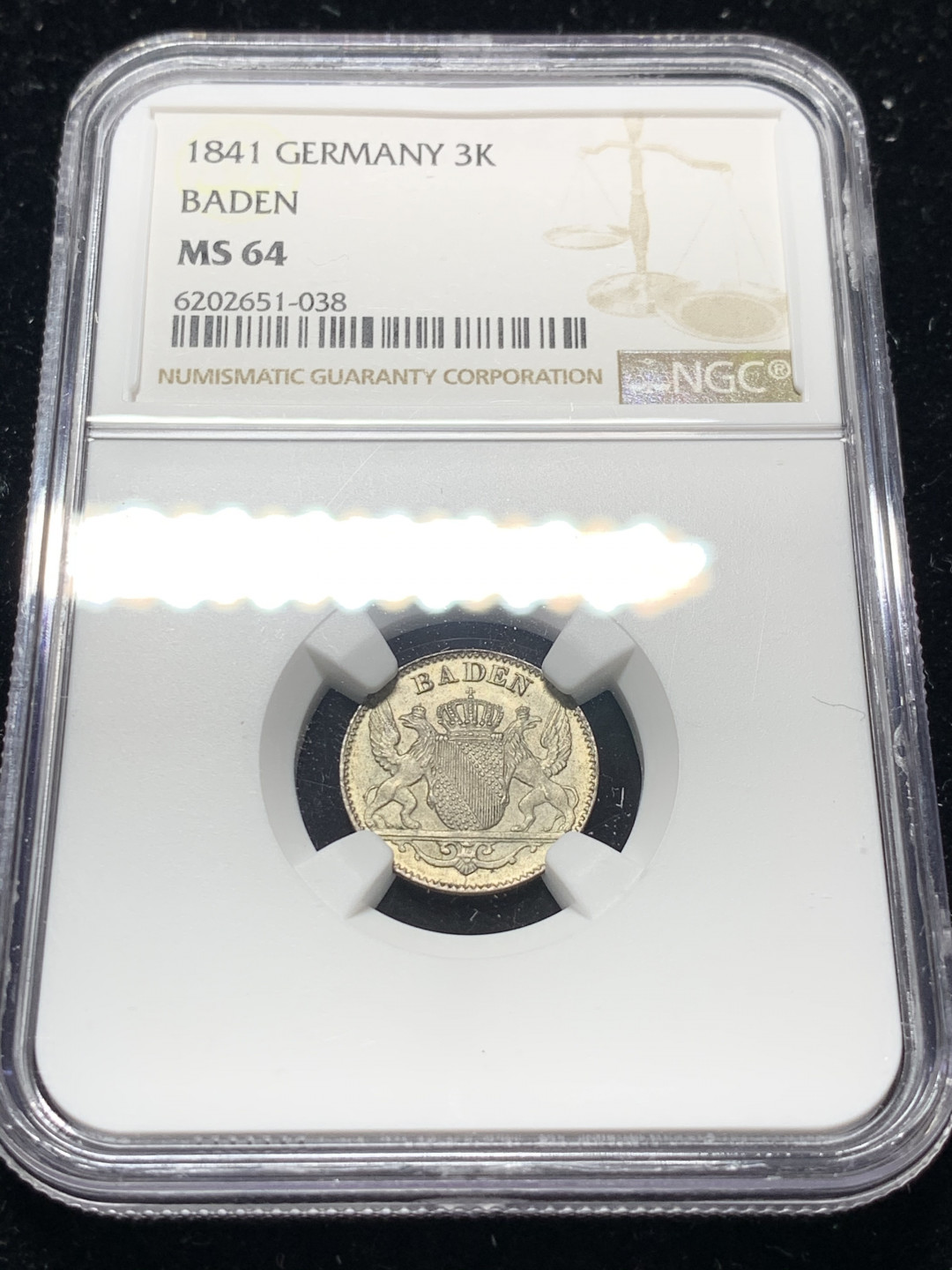 《竞宝斋》钱币微拍-第9场（不限金额顺丰包邮） 冠军 NGC-MS64 德国巴登 1841年 3K 银币 顶级品相