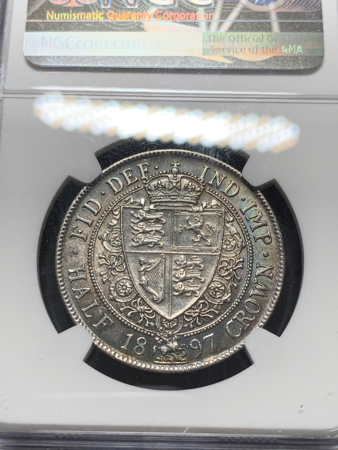 《竞宝斋》钱币微拍-第9场（不限金额顺丰包邮） NGC-MS63 英国1897年维多利亚半克朗 NGC编号：6178684-001 双面带彩 底板极好 低评