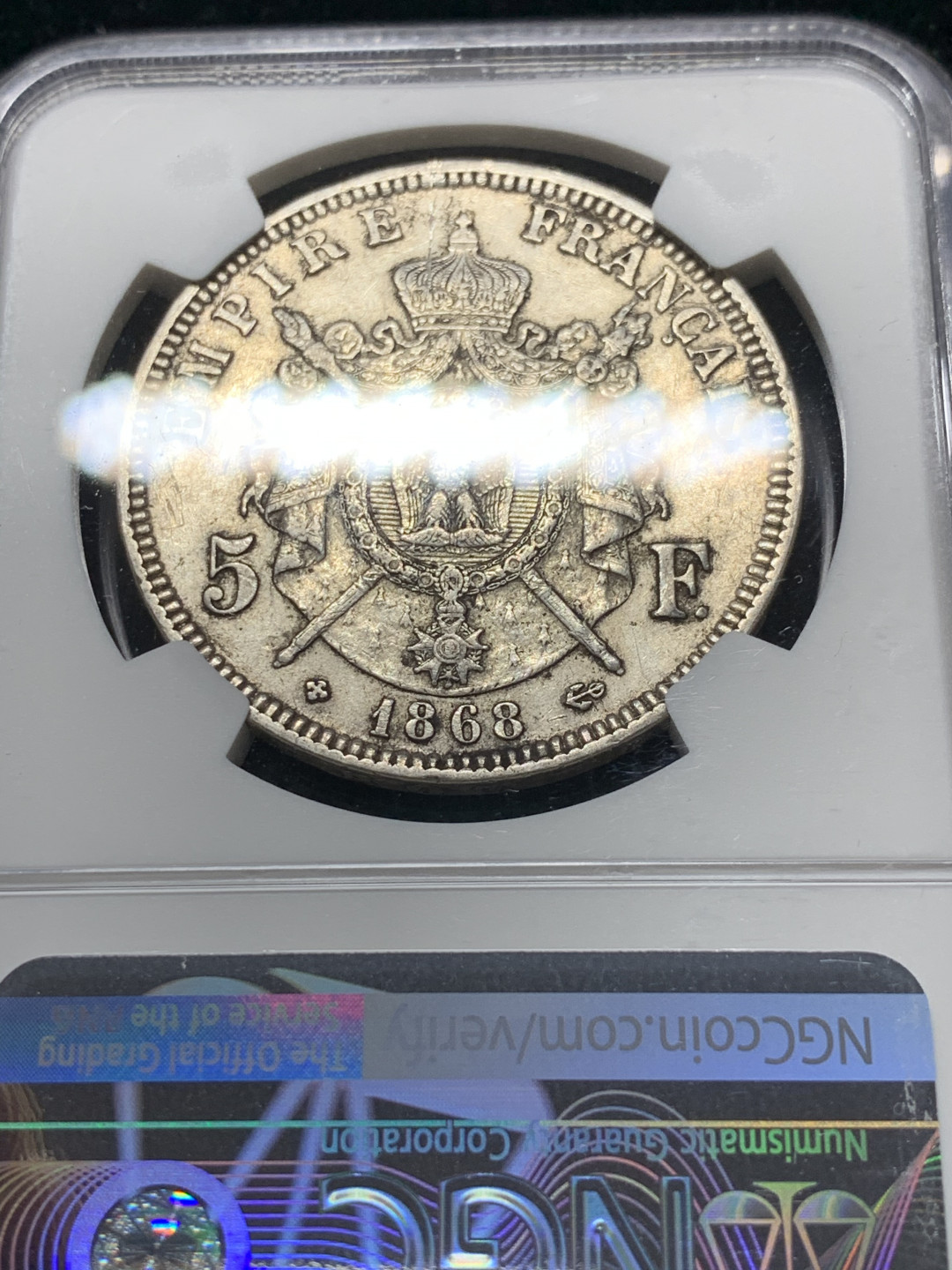 《竞宝斋》钱币微拍-第9场（不限金额顺丰包邮） NGC-AU55 法国 1868-BB年 5法郎 大银币 原味
