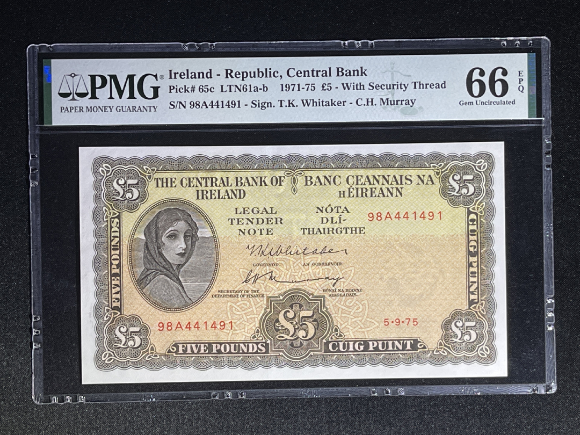 《张总收藏》38期—世界精品 爱尔兰5镑 PMG66E A序列 1975年