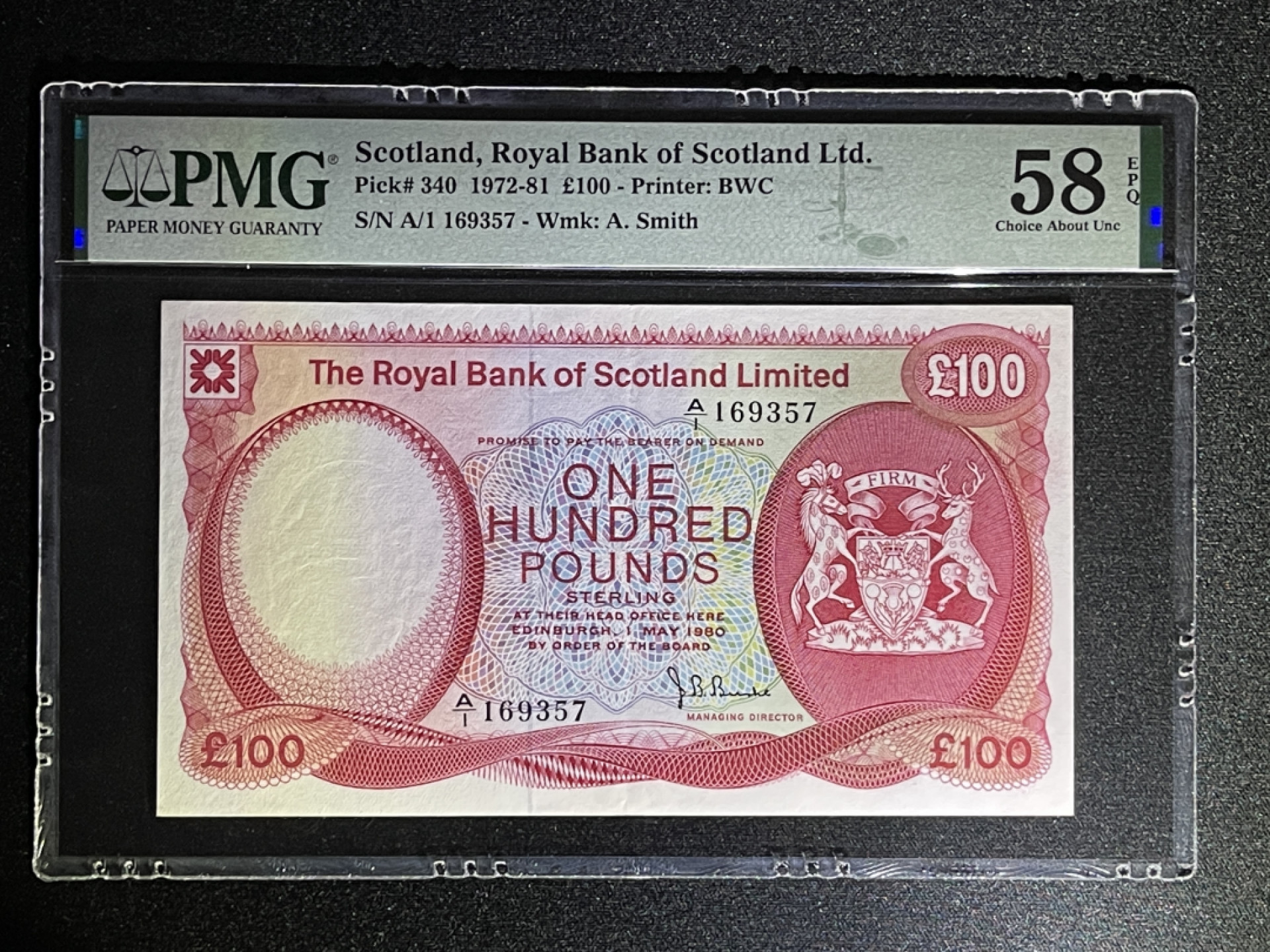 《张总收藏》38期—世界精品 苏格兰100镑 PMG58E A1冠 皇家银行 季军分 PMG有E的仅3张