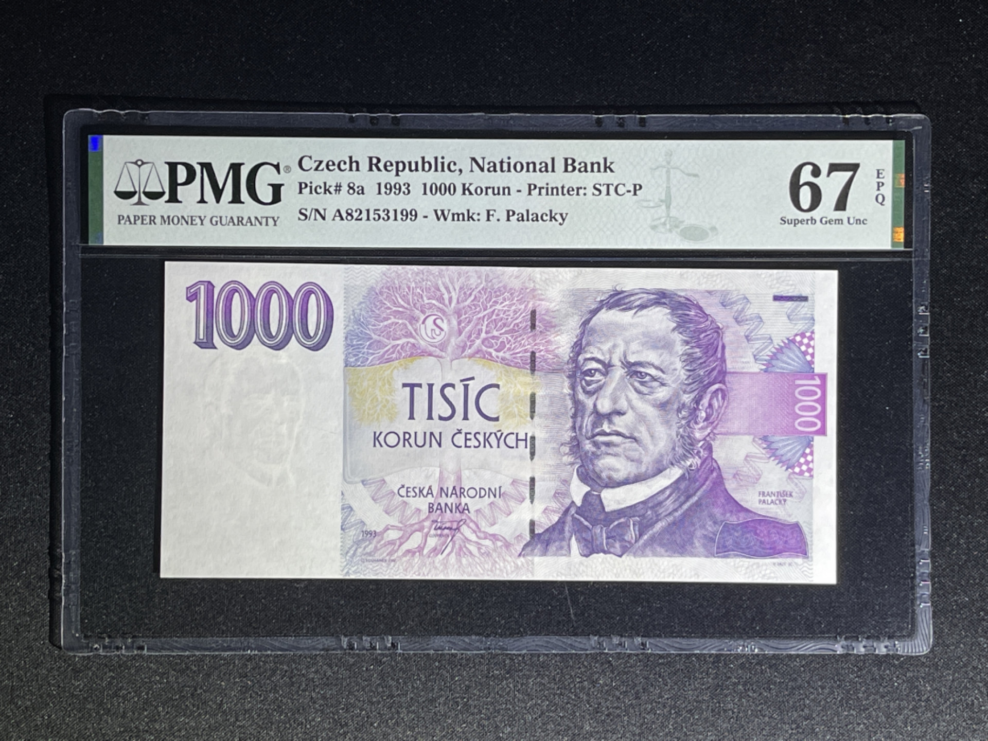 《张总收藏》38期—世界精品 捷克1000克朗 PMG67E 1993年初版 A冠 细安全线 P-8a