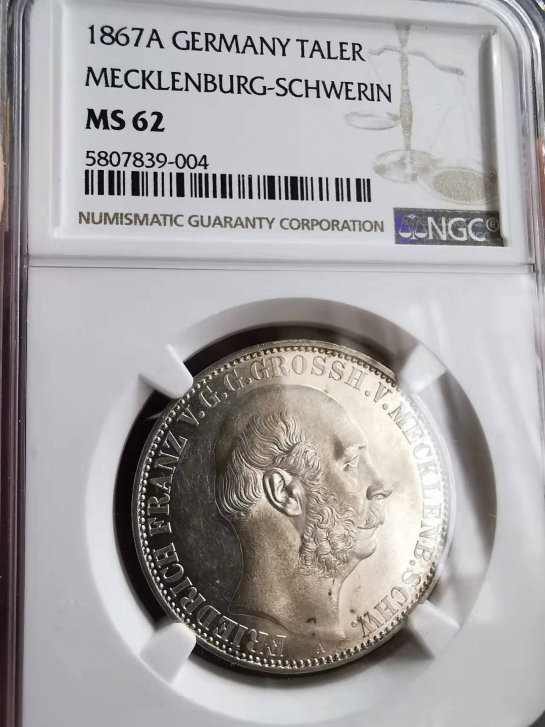凡希社世界钱币微拍第一百七十三期 1867梅克伦堡什未林泰勒NGC-MS62实物PL明显！