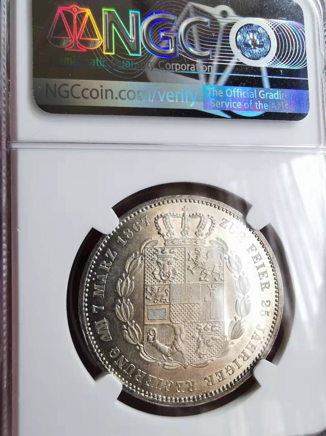 凡希社世界钱币微拍第一百七十三期 1867梅克伦堡什未林泰勒NGC-MS62实物PL明显！