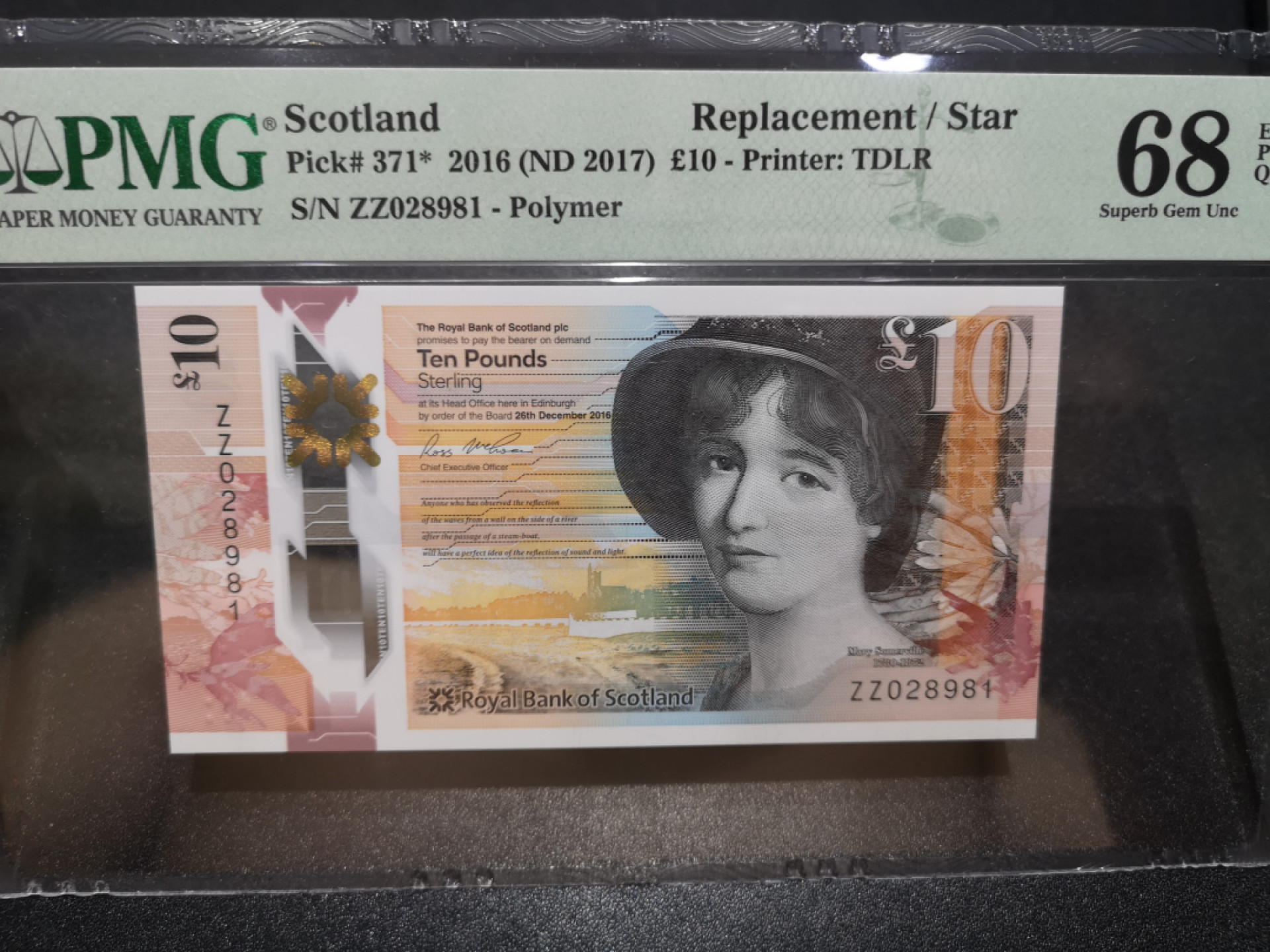 《外钞收藏家》第一百三十六期（本期100件） 2016年苏格兰皇家银行10镑 PMG68 补号