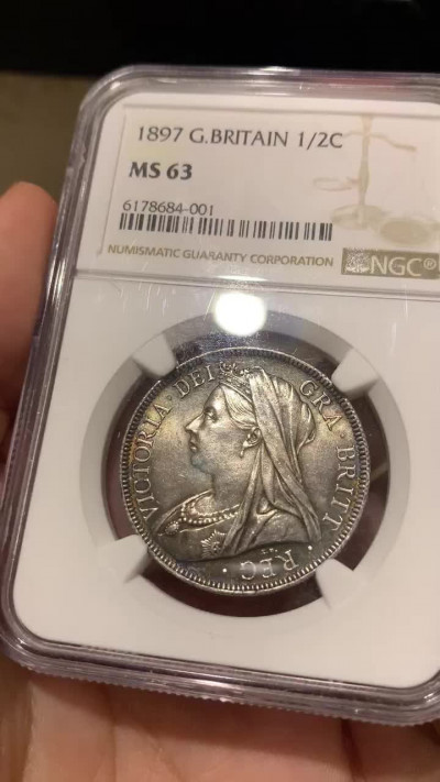 《竞宝斋》钱币微拍-第9场（不限金额顺丰包邮） NGC-MS63 英国1897年维多利亚半克朗 NGC编号：6178684-001 双面带彩 底板极好 低评