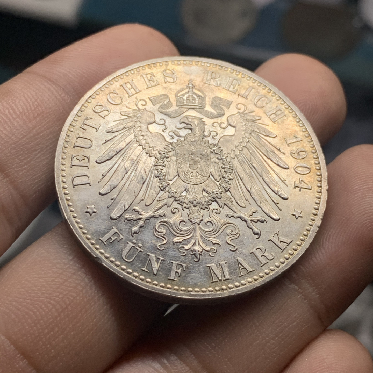 《竞宝斋》钱币微拍-第9场（不限金额顺丰包邮） 德国黑森 1904年 达姆施塔特 5马克 大银币 直径:   38.2mm，重约:  27.7   g。一流的状态