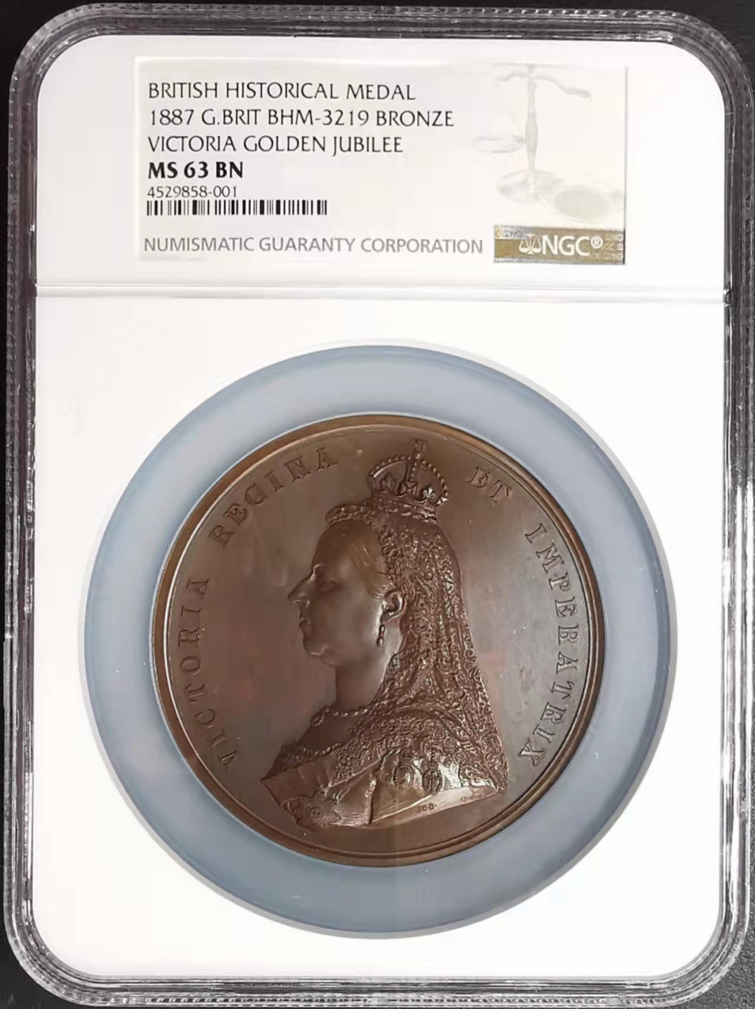 凡希社世界钱币微拍第一百七十三期 荐！1887英国老维加冕五十周年纪念铜章NGC-MS63雕模精美！
