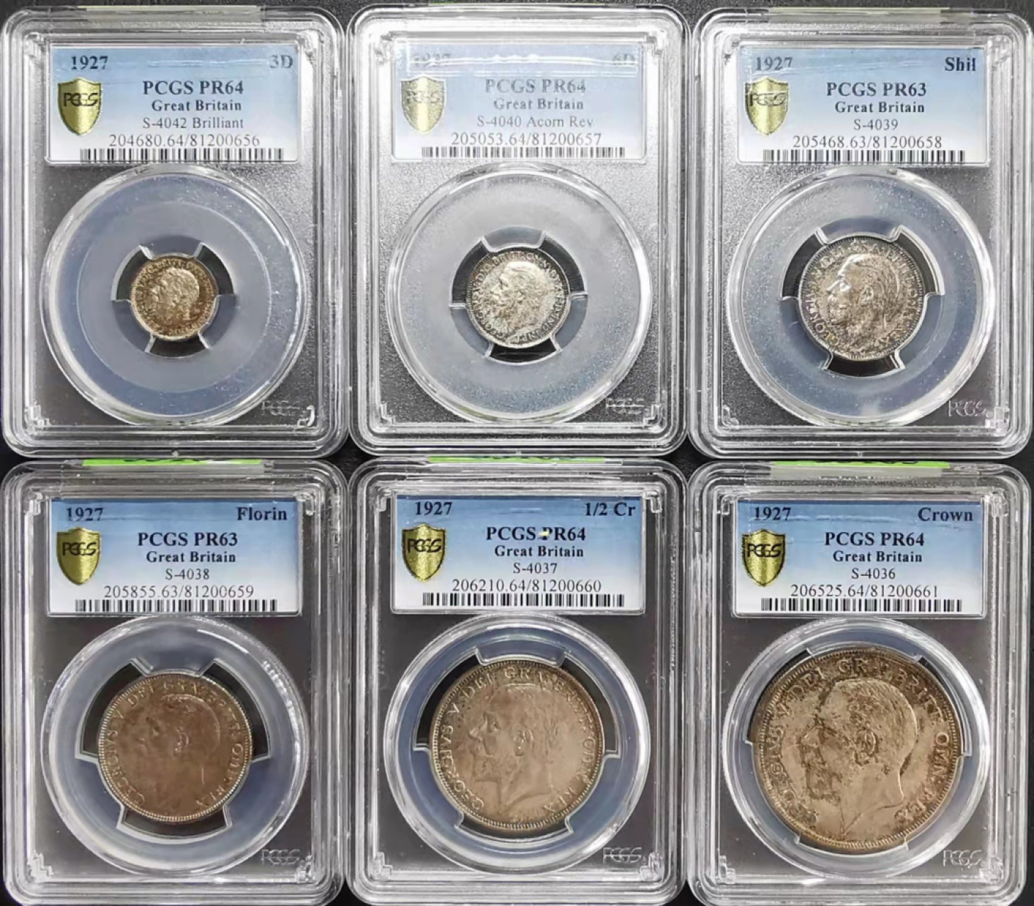 凡希社世界钱币微拍第一百七十三期 荐！1927英国乔五精铸PS六枚PCGS-PR63-64包浆一色！