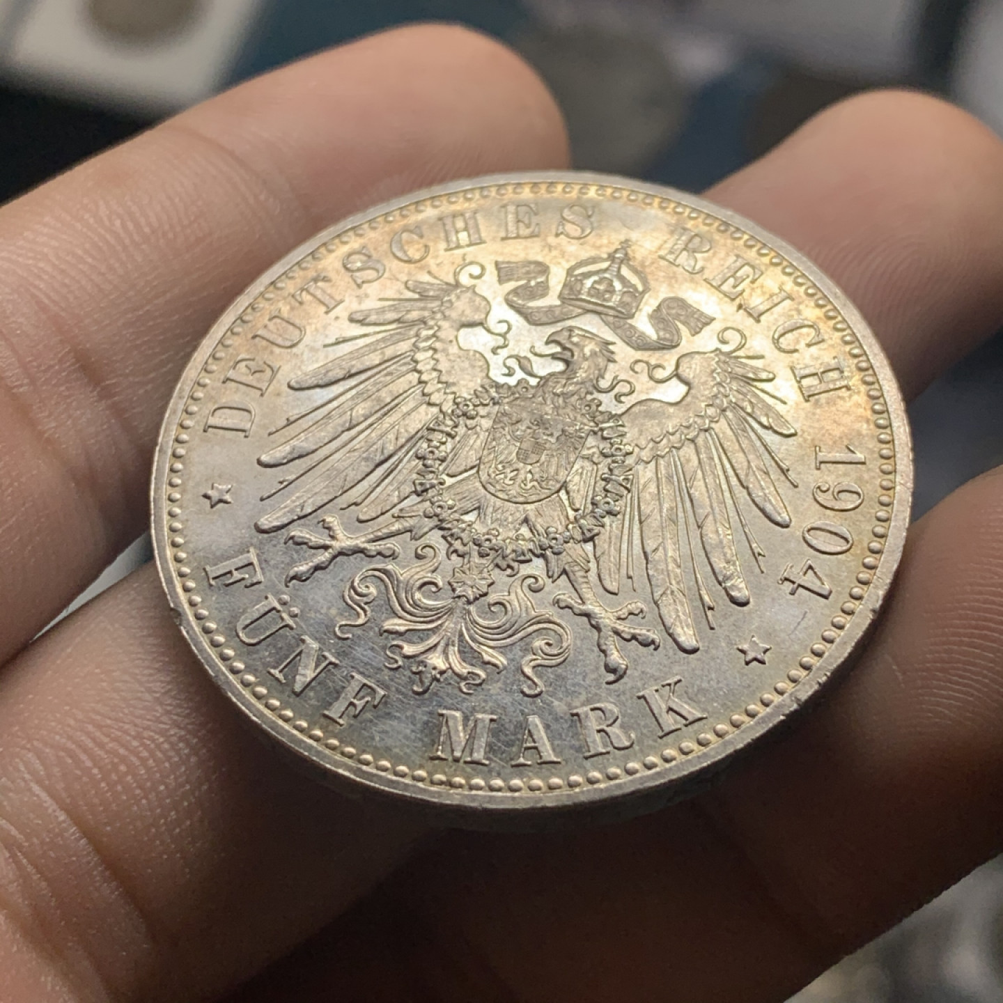 《竞宝斋》钱币微拍-第9场（不限金额顺丰包邮） 德国黑森 1904年 达姆施塔特 5马克 大银币 直径:   38.2mm，重约:  27.7   g。一流的状态