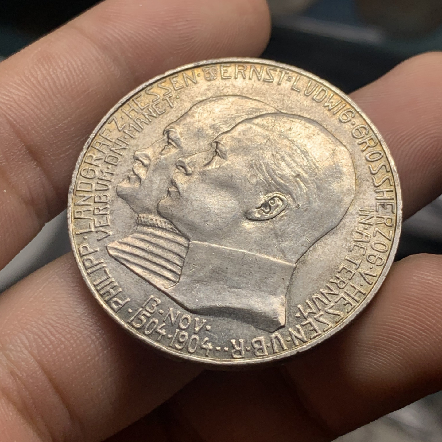 《竞宝斋》钱币微拍-第9场（不限金额顺丰包邮） 德国黑森 1904年 达姆施塔特 5马克 大银币 直径:   38.2mm，重约:  27.7   g。一流的状态