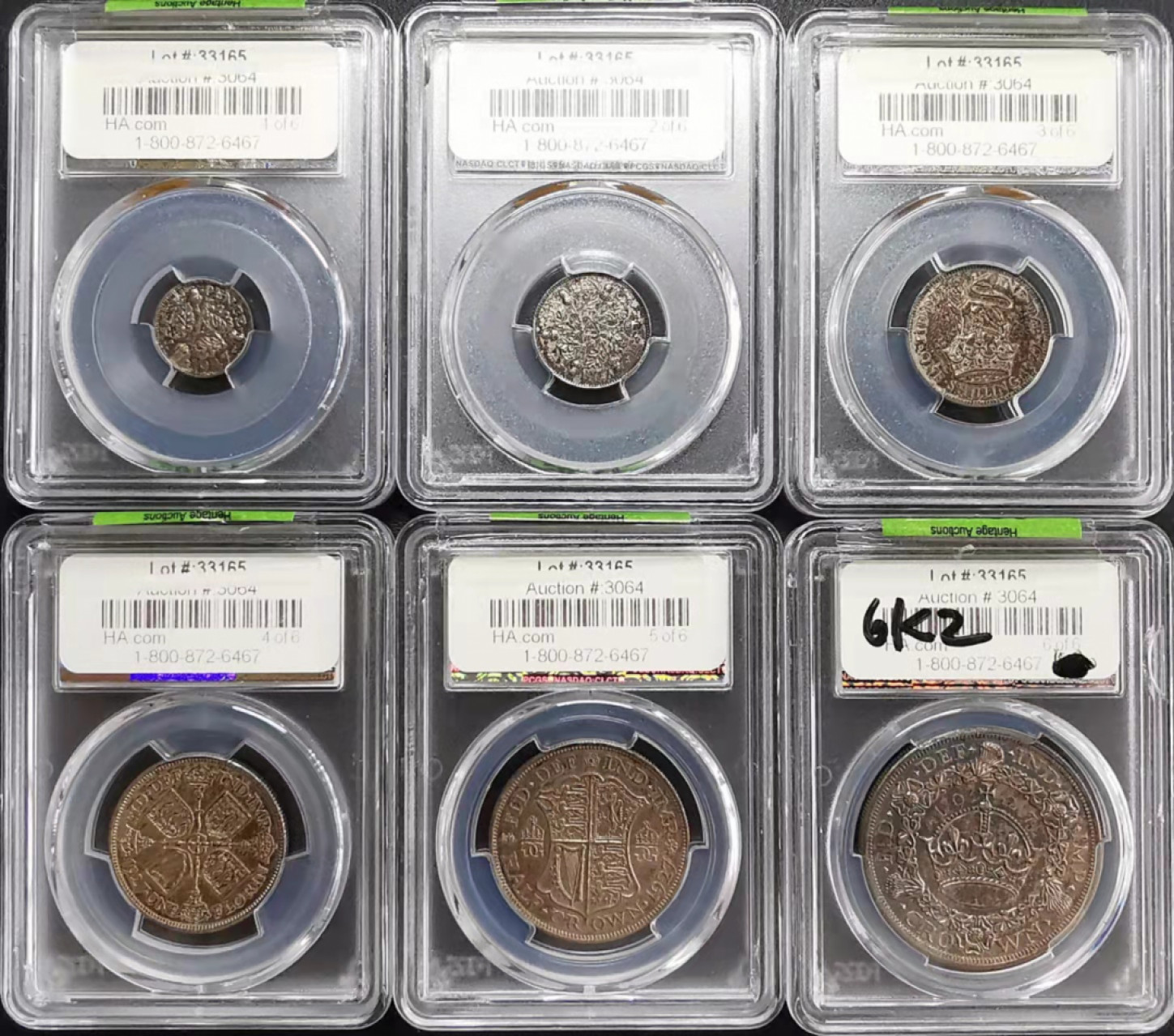 凡希社世界钱币微拍第一百七十三期 荐！1927英国乔五精铸PS六枚PCGS-PR63-64包浆一色！