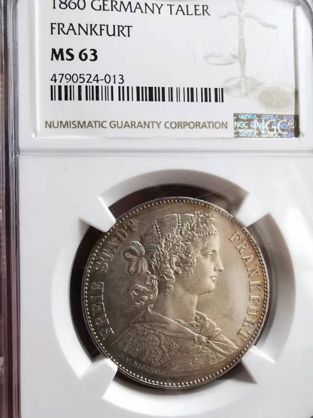 凡希社世界钱币微拍第一百七十三期 荐！1860法兰克福少女泰勒NGC-MS63淡彩粉光！